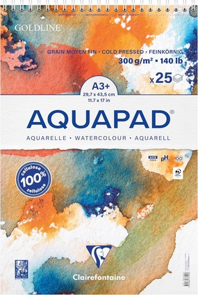 Clairefontaine Aquapad 976104C Micro-Perforated Spiral Pad A3 29.7 x 42 cm 300 g – 25 Sheets of White Watercolour Paper Medium Fine Grain – Ideal for Wet Technique