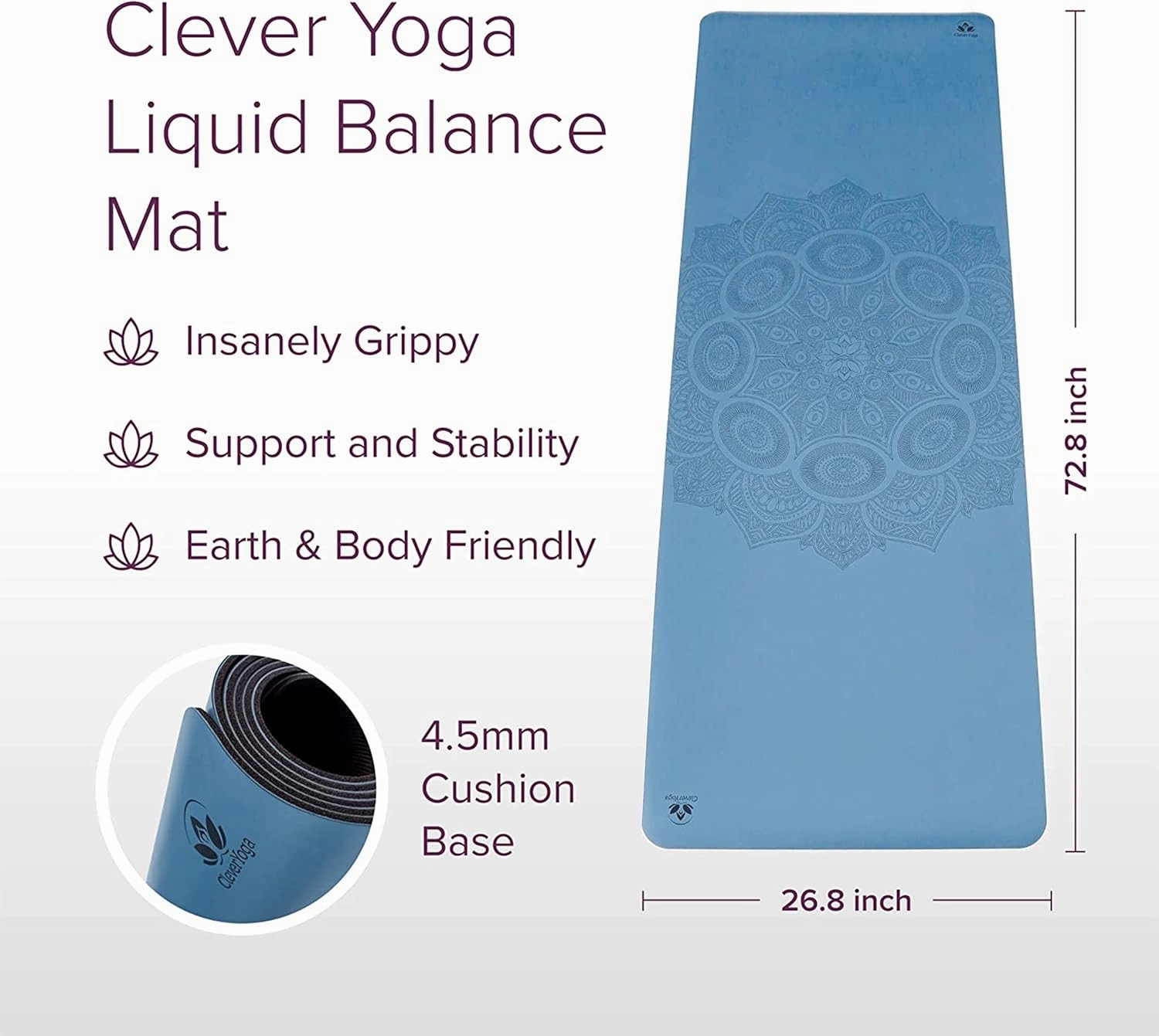 Clever Yoga Liquid Balance Thick Yoga Mat - Pro Exercise Yoga Mat with Non-Slip Surface for Home Gym, Earth-Friendly & Recyclable Pilates and Workout Pad Women & Men, 4.5 mm