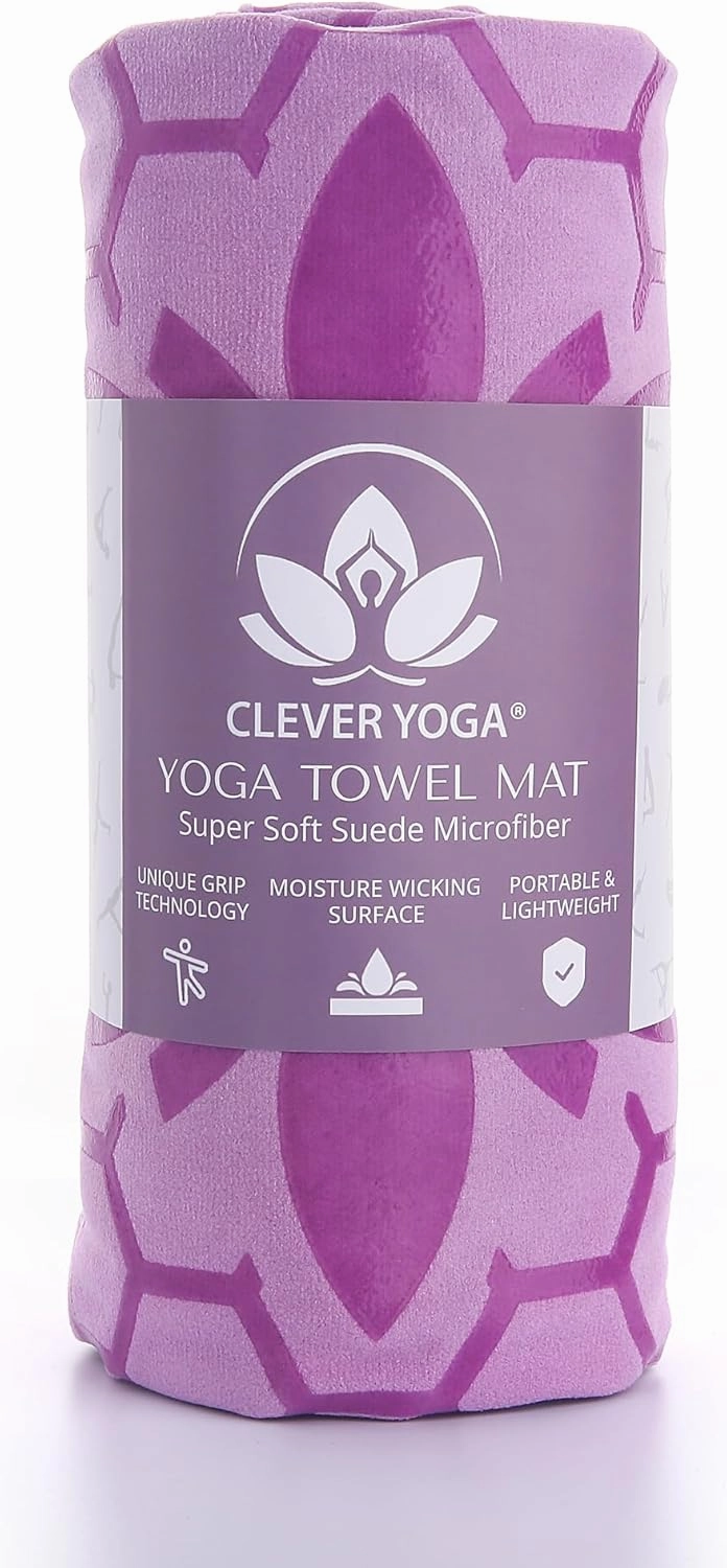 Clever Yoga Non-Slip Hot Yoga Towel Mat - Sweat Absorbent Microfiber Suede & Double Sided Grip Hot Yoga Mat Towel with Honeycomb Design, Easy Portable for Pilates, Exercise, Workout - Lilac