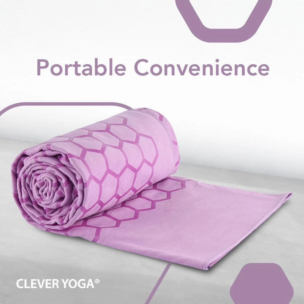 Clever Yoga Non-Slip Hot Yoga Towel Mat - Sweat Absorbent Microfiber Suede & Double Sided Grip Hot Yoga Mat Towel with Honeycomb Design, Easy Portable for Pilates, Exercise, Workout - Lilac