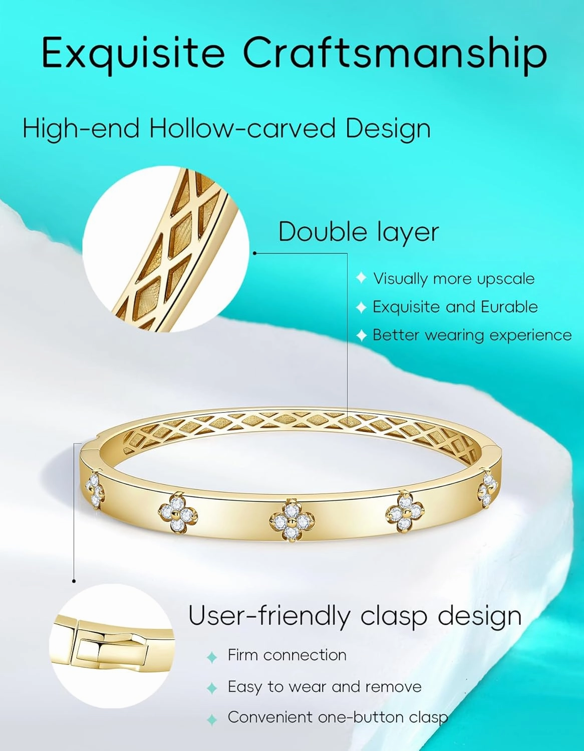 Clover Emerald/Moissanite Bracelets for Women Gifts | Premium Emerald and Moissanite (D Clolor VVS1 Clarity 3EX Cut) | S925 Sterling Silver Plated 18K Gold Stackable Non Tarnish