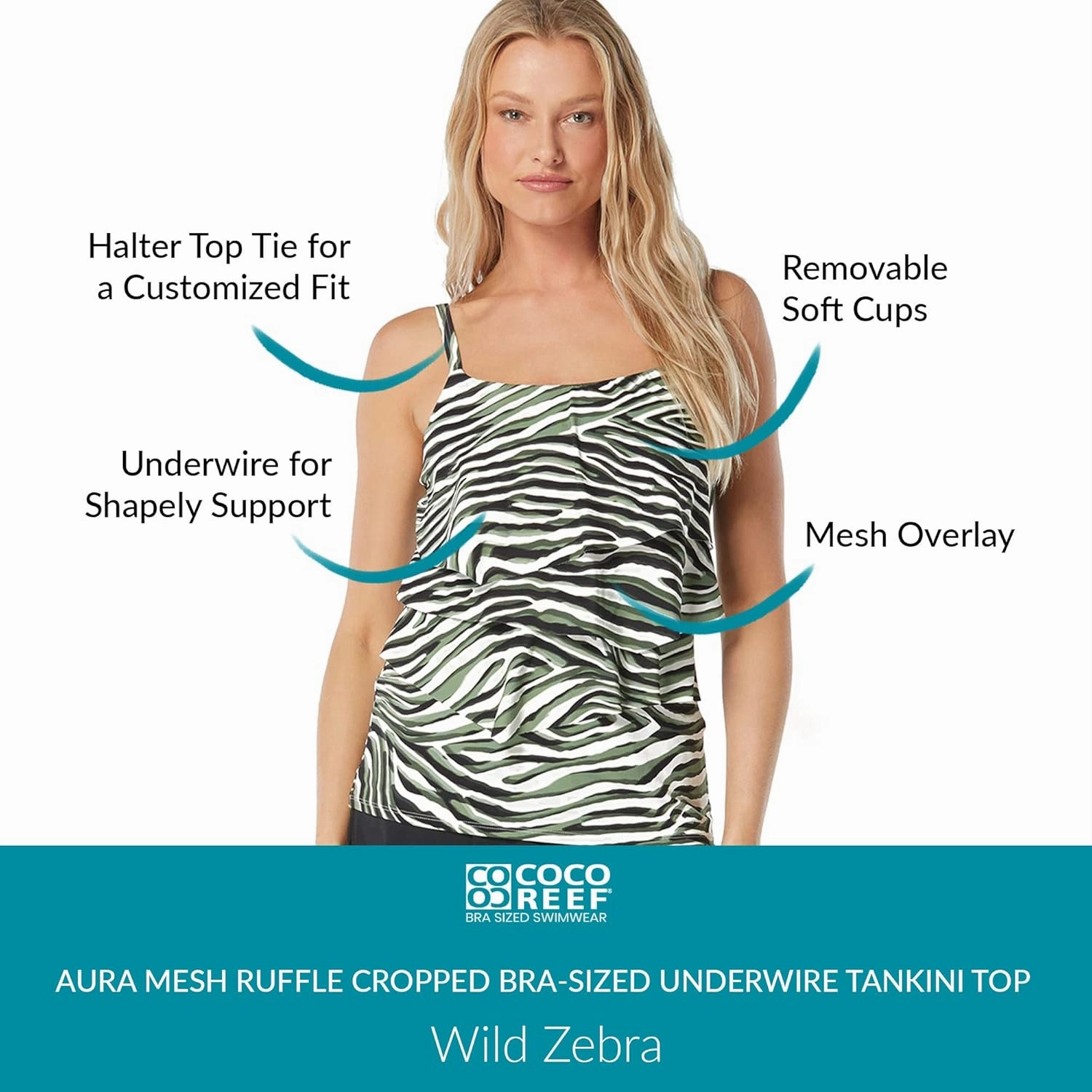 COCO REEF Aura Ruffle Bra Sized Underwire Tankini Top, Full Coverage Swimsuit Top