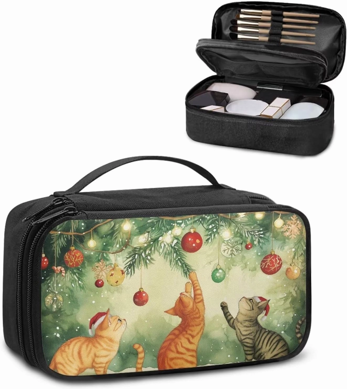 COEQINE Christmas Makeup Bag For Wome Cute Green Cosmetic Travel Cosmetic Train Case Portable Makeup Artist Organizer Bag With Douable Layer Makeup Brush Holder Storage Multi Pocket,Cute Cat Play