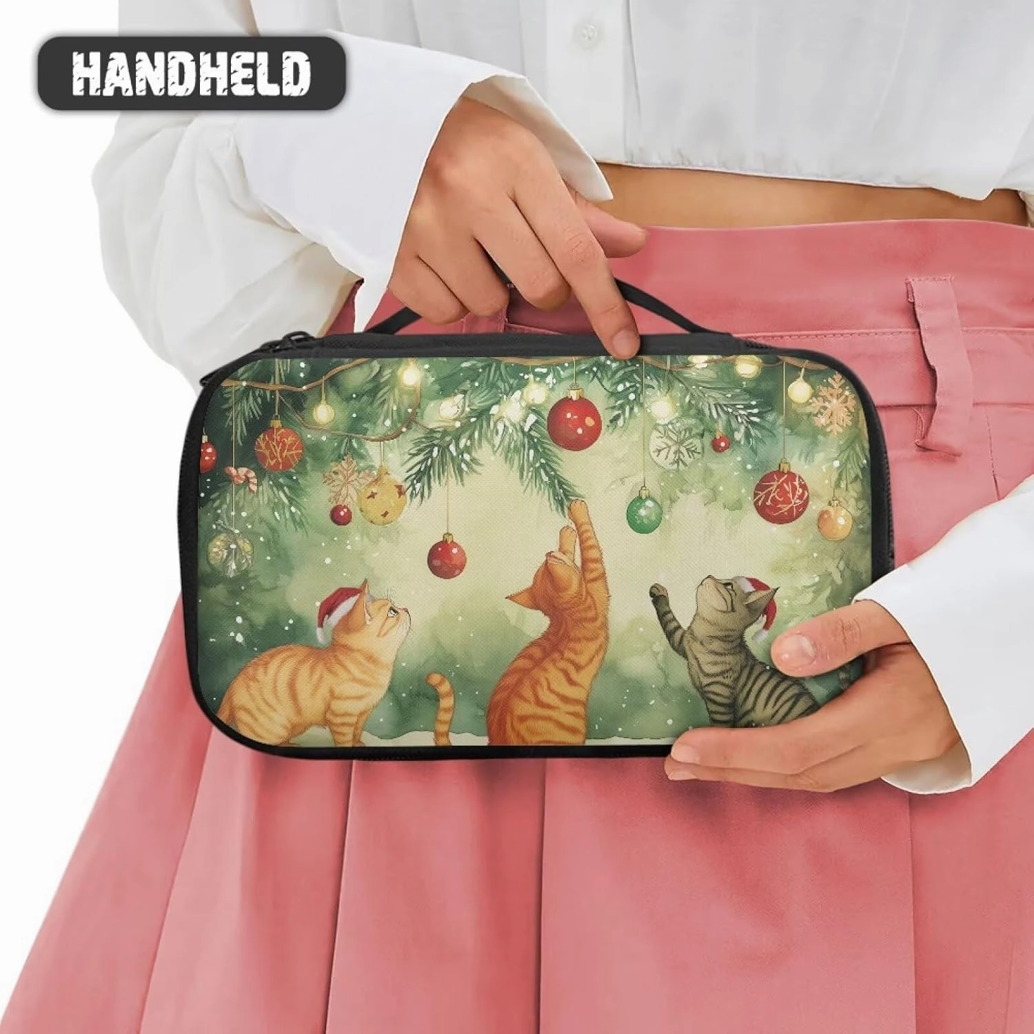 COEQINE Christmas Makeup Bag For Wome Cute Green Cosmetic Travel Cosmetic Train Case Portable Makeup Artist Organizer Bag With Douable Layer Makeup Brush Holder Storage Multi Pocket,Cute Cat Play