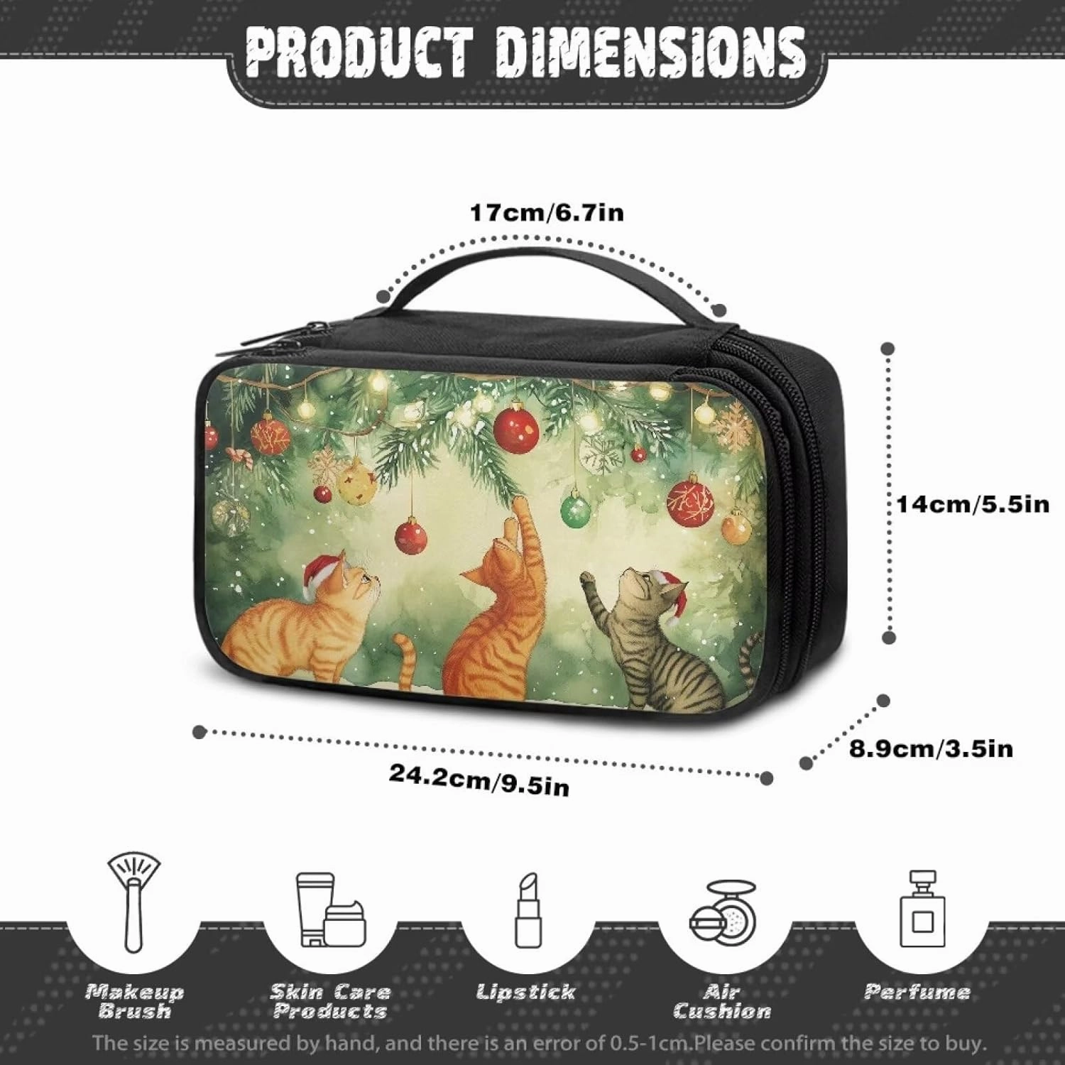 COEQINE Christmas Makeup Bag For Wome Cute Green Cosmetic Travel Cosmetic Train Case Portable Makeup Artist Organizer Bag With Douable Layer Makeup Brush Holder Storage Multi Pocket,Cute Cat Play