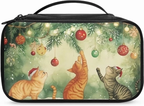 COEQINE Christmas Makeup Bag For Wome Cute Green Cosmetic Travel Cosmetic Train Case Portable Makeup Artist Organizer Bag With Douable Layer Makeup Brush Holder Storage Multi Pocket,Cute Cat Play
