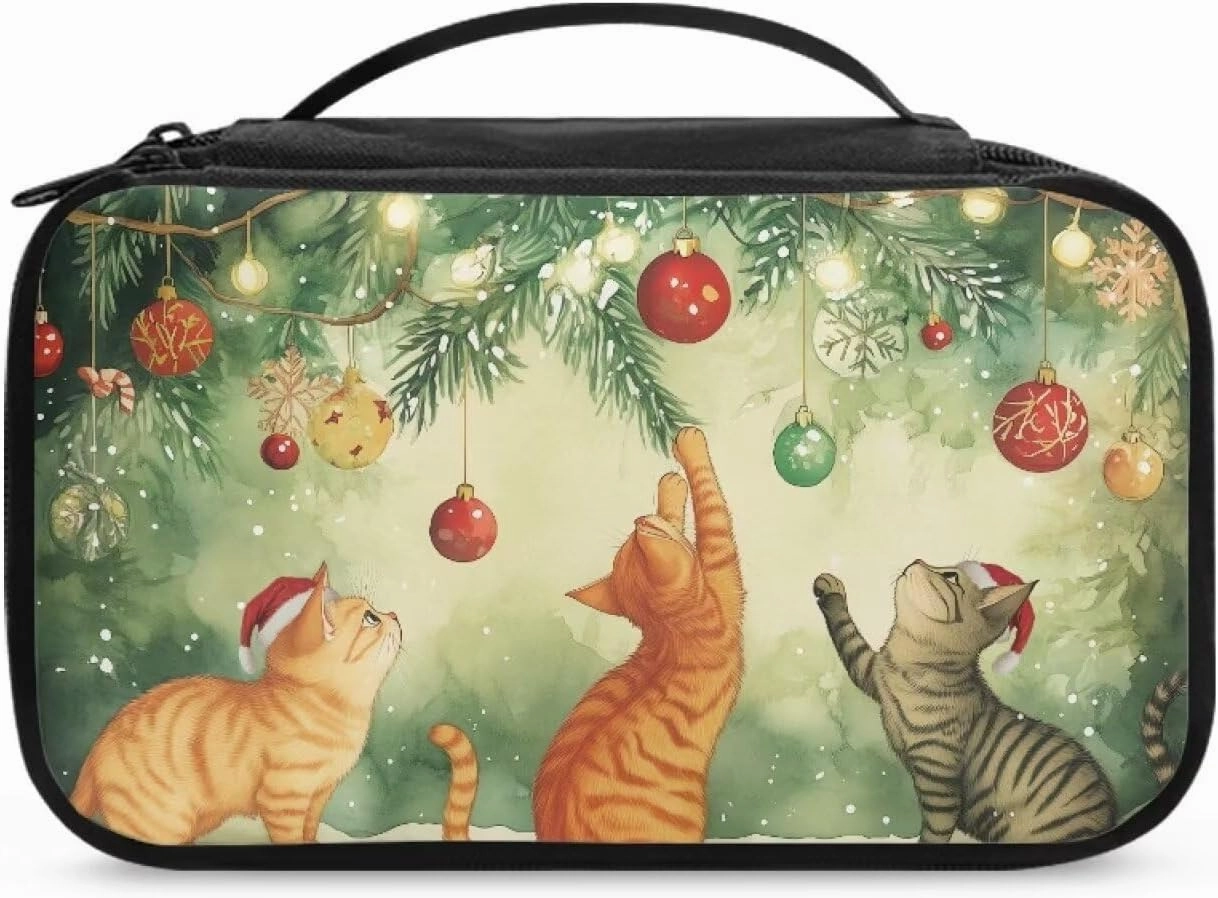 COEQINE Christmas Makeup Bag For Wome Cute Green Cosmetic Travel Cosmetic Train Case Portable Makeup Artist Organizer Bag With Douable Layer Makeup Brush Holder Storage Multi Pocket,Cute Cat Play