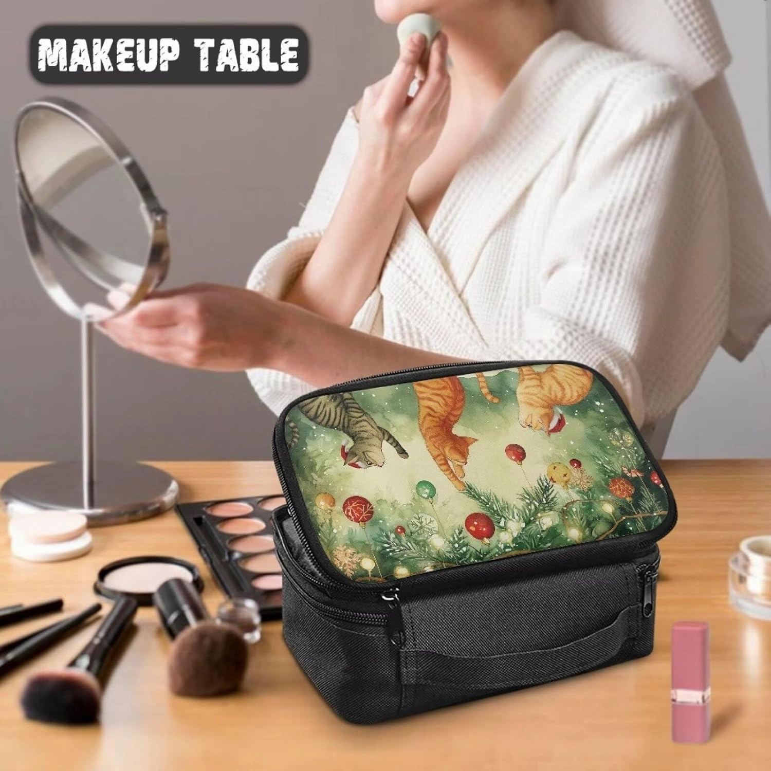 COEQINE Christmas Makeup Bag For Wome Cute Green Cosmetic Travel Cosmetic Train Case Portable Makeup Artist Organizer Bag With Douable Layer Makeup Brush Holder Storage Multi Pocket,Cute Cat Play