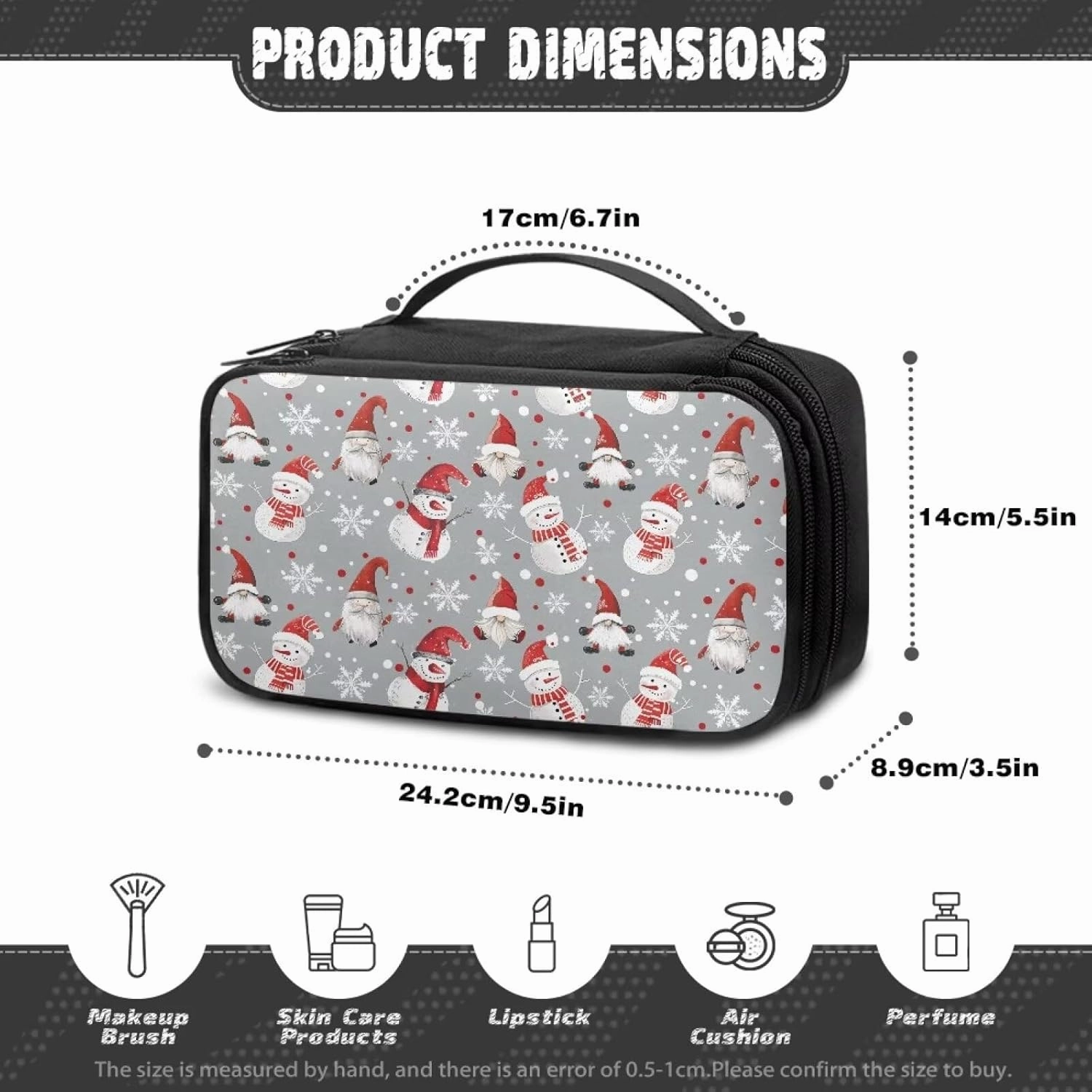 COEQINE Christmas Makeup Bag For Women Organizer Travel Cosmetic Pouch With Cute Gnome Snowman Pattern Travel Makeup Bag Cosmetic Train Case With Mesh Pocket For Makeup Accessories,Gray