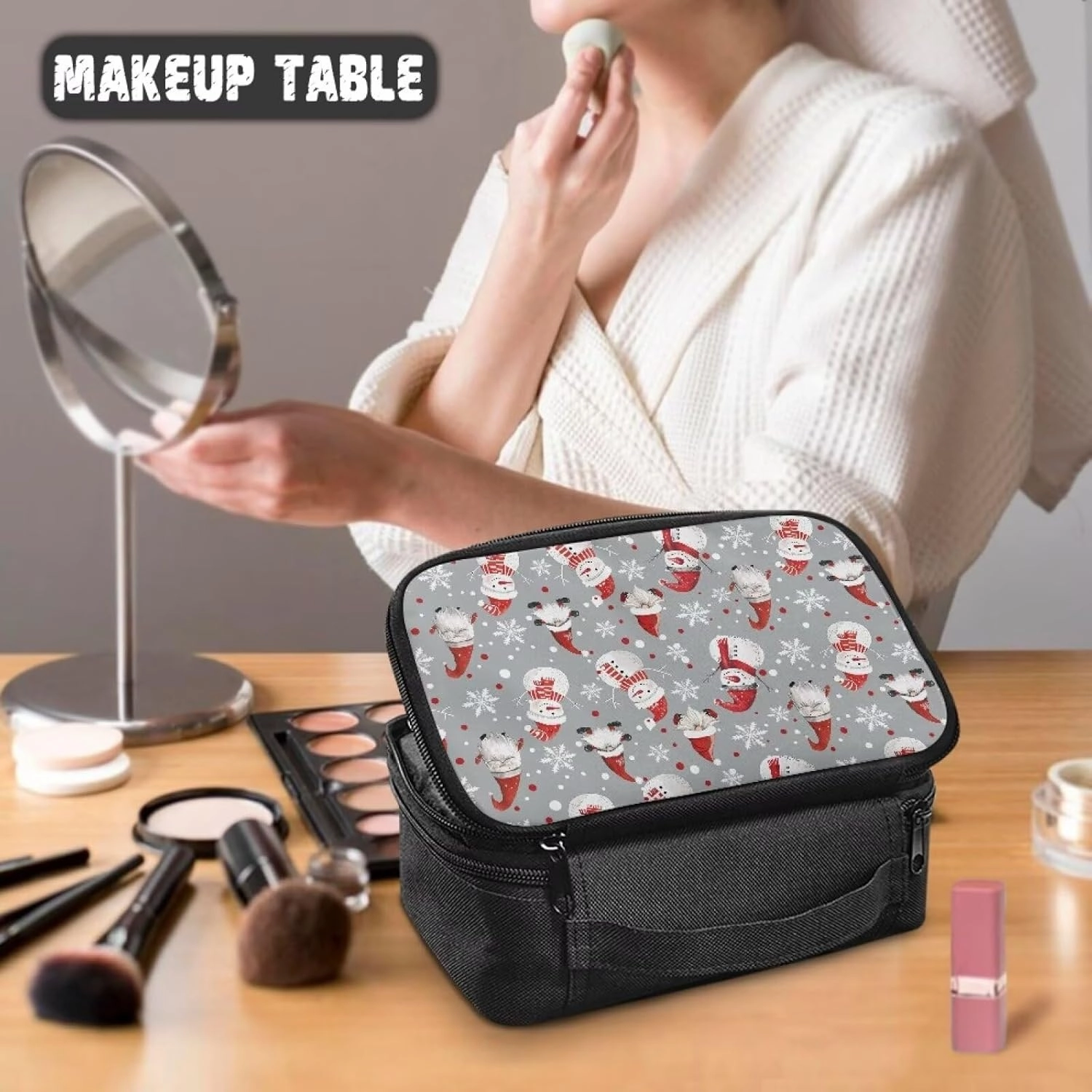 COEQINE Christmas Makeup Bag For Women Organizer Travel Cosmetic Pouch With Cute Gnome Snowman Pattern Travel Makeup Bag Cosmetic Train Case With Mesh Pocket For Makeup Accessories,Gray