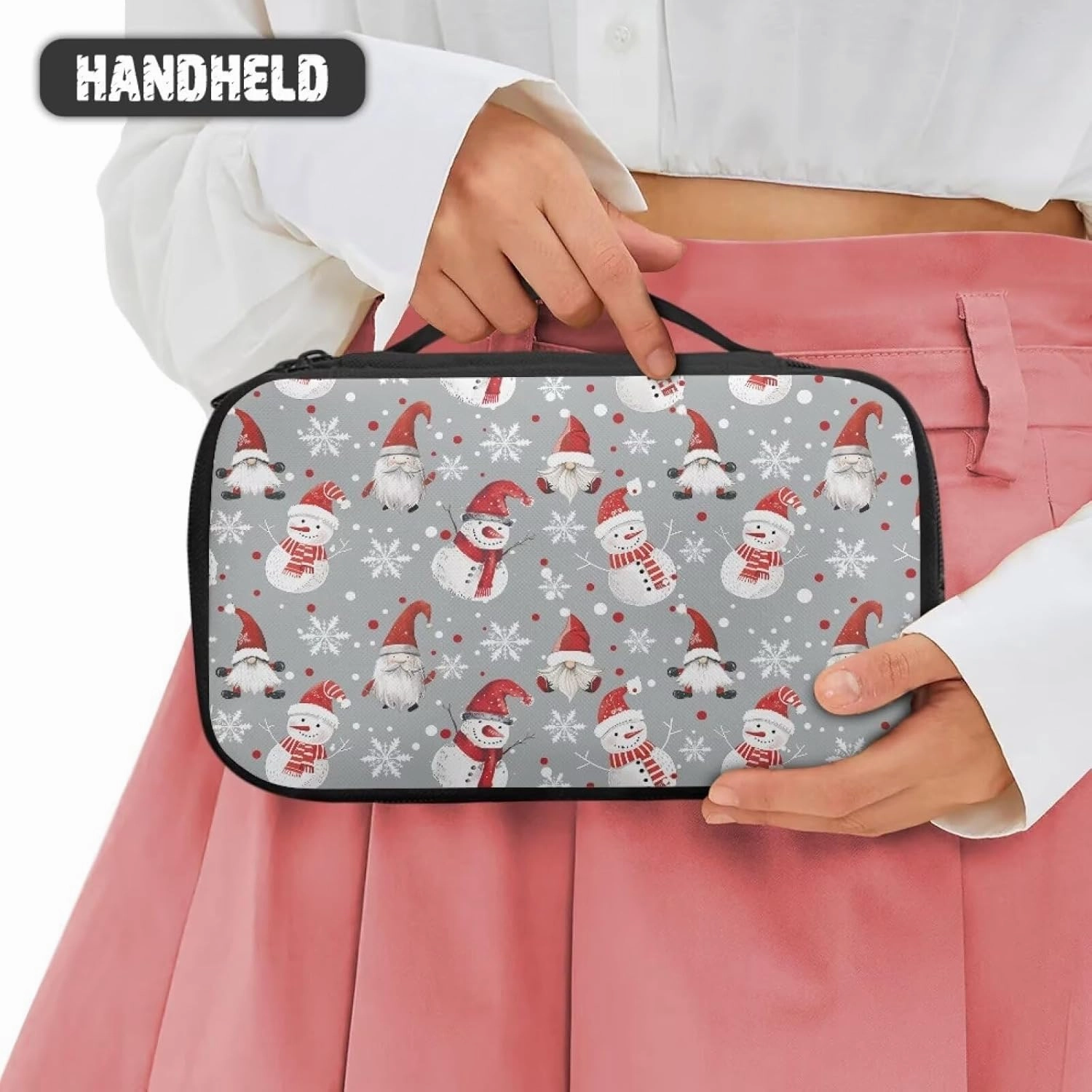 COEQINE Christmas Makeup Bag For Women Organizer Travel Cosmetic Pouch With Cute Gnome Snowman Pattern Travel Makeup Bag Cosmetic Train Case With Mesh Pocket For Makeup Accessories,Gray