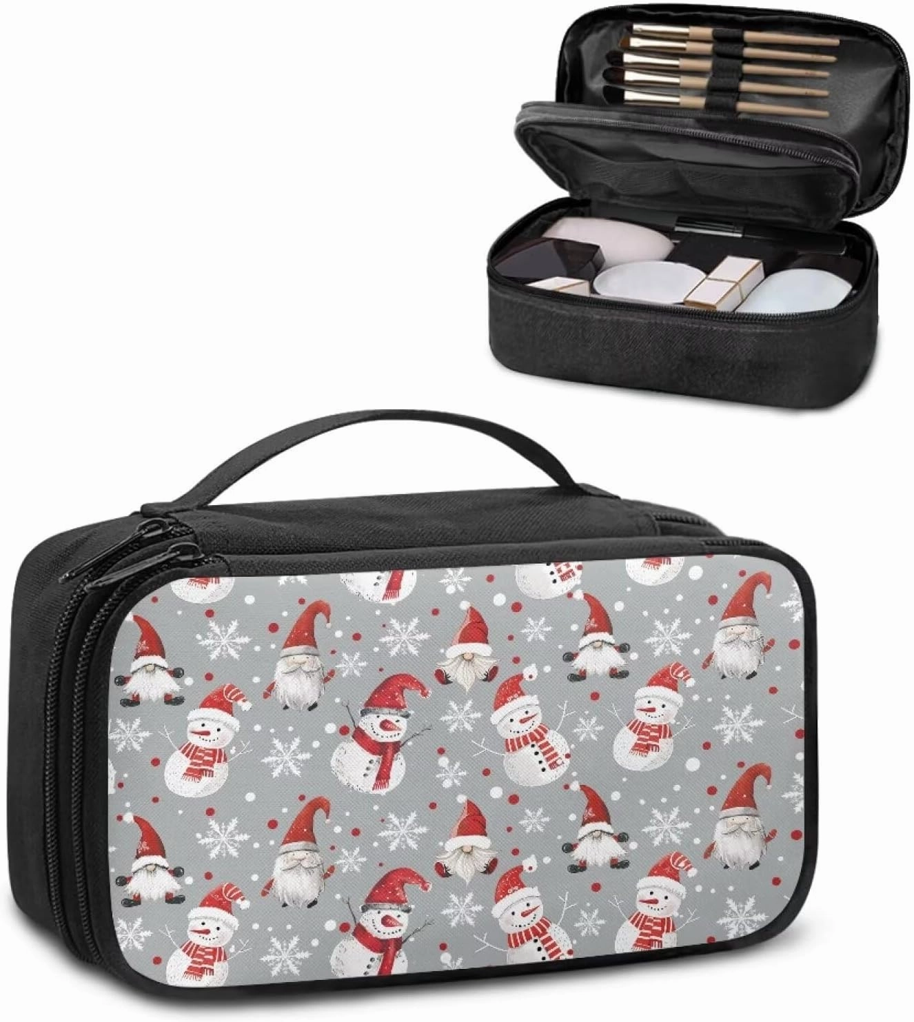 COEQINE Christmas Makeup Bag For Women Organizer Travel Cosmetic Pouch With Cute Gnome Snowman Pattern Travel Makeup Bag Cosmetic Train Case With Mesh Pocket For Makeup Accessories,Gray