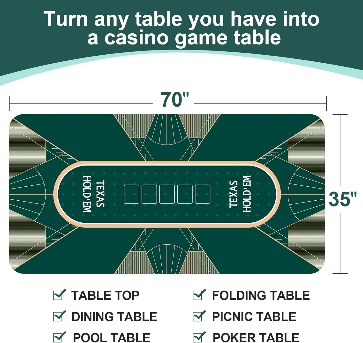 CONTINUE Upgraded Waterproof Poker Mat 8 Players Texas Hold'em Poker Mat Professional Poker Mat Anti-Slip Rubber Poker Table Top Layout with Carrying Bag for Poker Games, Blackjack, Casino（70 x 35 ）