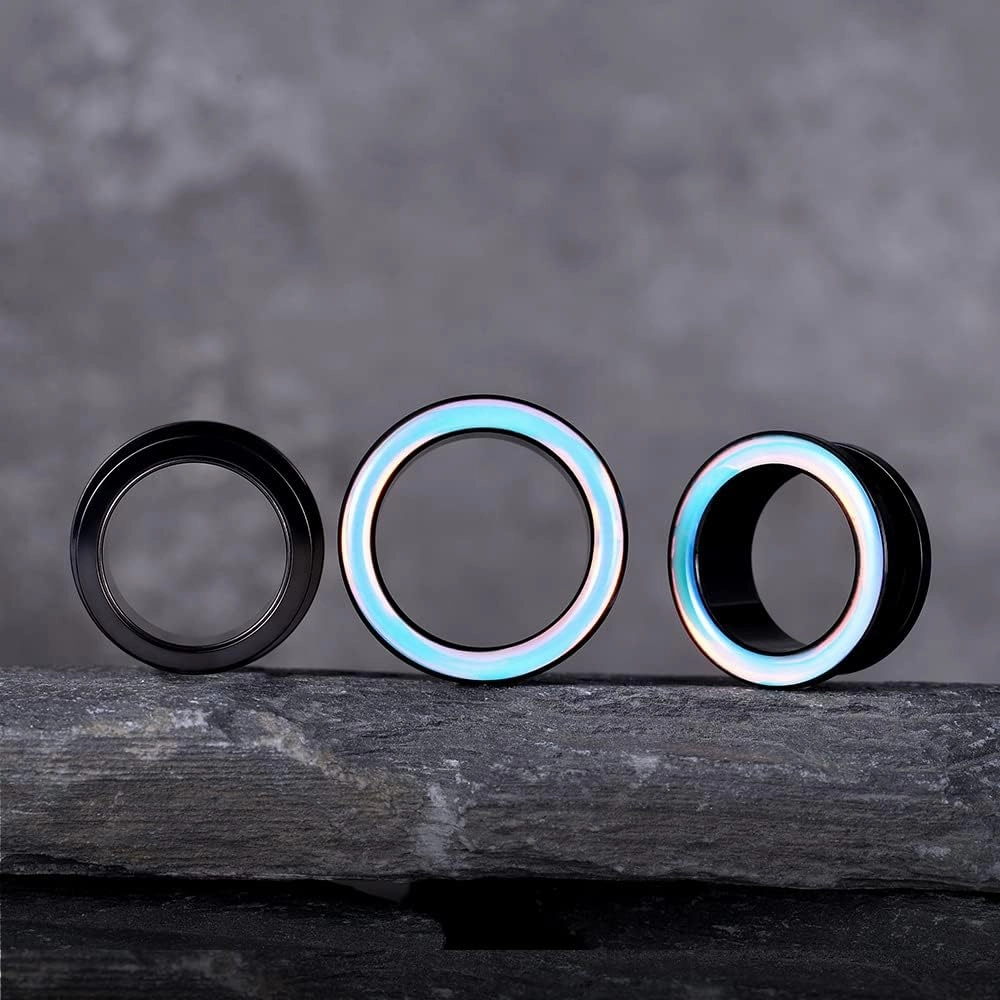 COOEAR 2 Pairs Stainless Steel Black Ear Gauges Retro-reflective Sheeting Tunnels and Plugs.