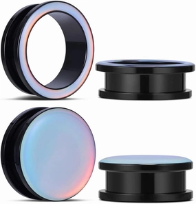 COOEAR 2 Pairs Stainless Steel Black Ear Gauges Retro-reflective Sheeting Tunnels and Plugs.