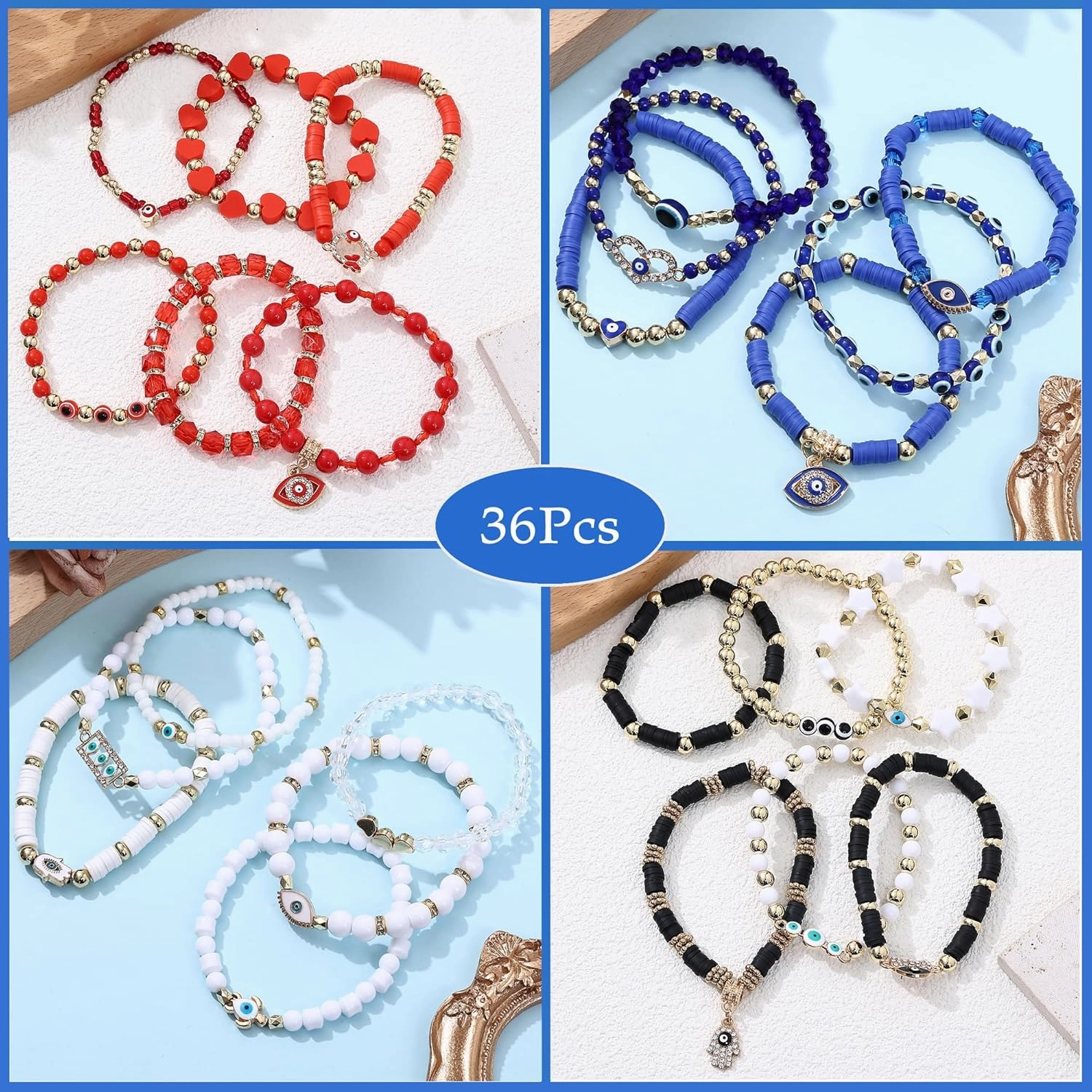 Cooluckday 36 Pcs Holiday Bracelets for Women Teen Girls Gifts Easter Mother's Day Christmas St. Patrick's Day Mardi Gras Bracelets Stackable Stretch Friendship Bracelets Set