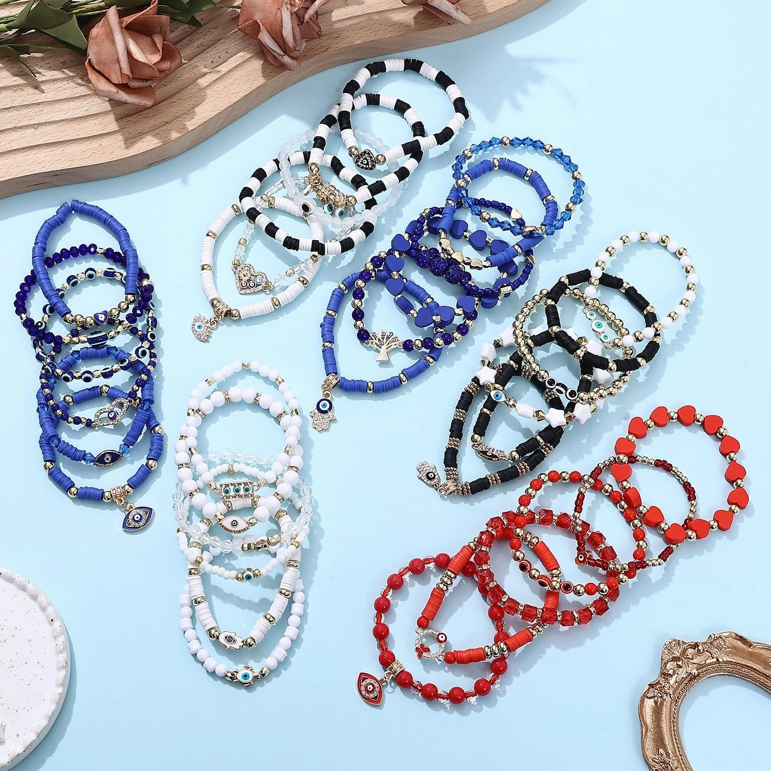 Cooluckday 36 Pcs Holiday Bracelets for Women Teen Girls Gifts Easter Mother's Day Christmas St. Patrick's Day Mardi Gras Bracelets Stackable Stretch Friendship Bracelets Set