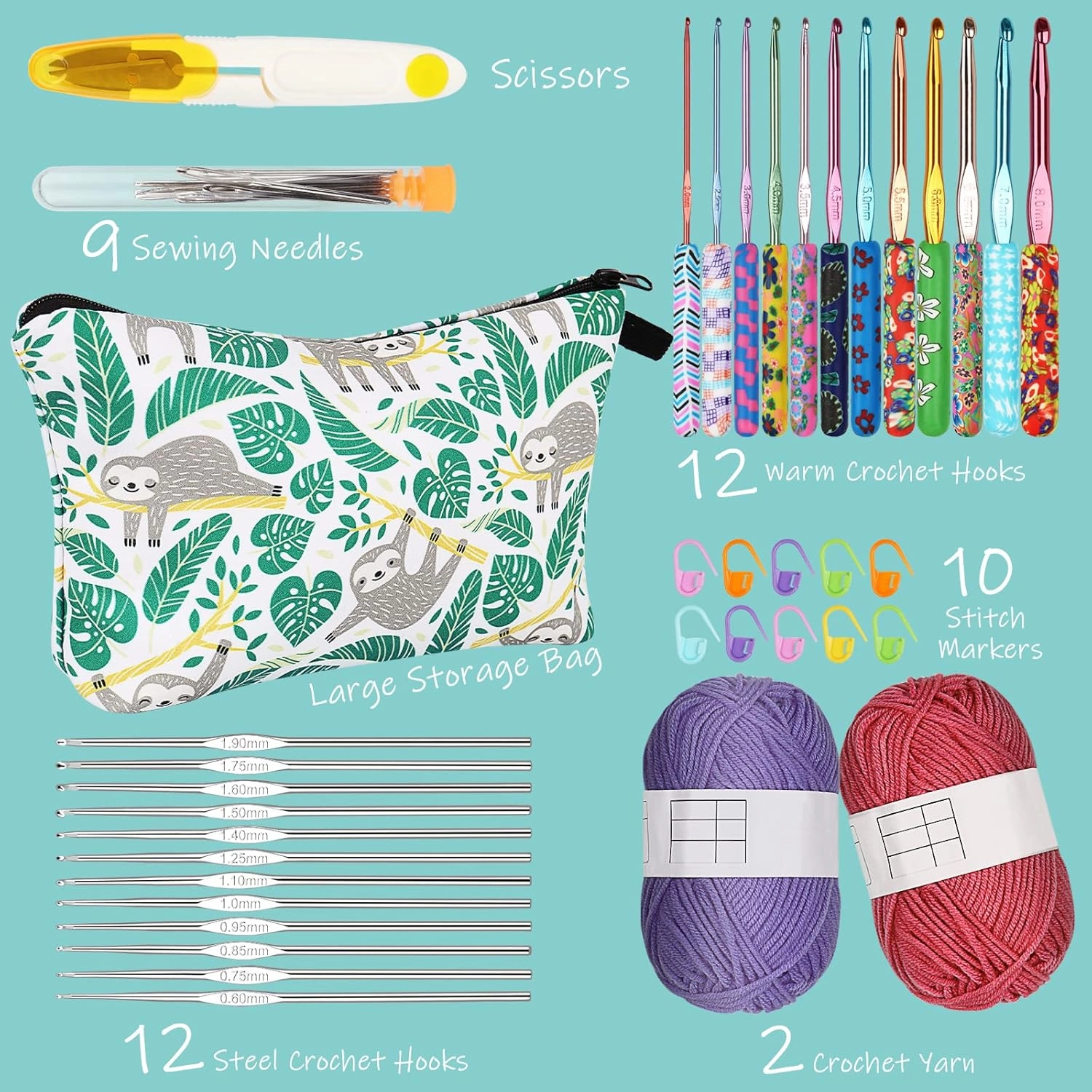 Coopay 24 Sizes Crochet Hooks with Crochet Yarn Accessories, 2mm(B)-8mm(L) Warm Crochet Hooks Steel Crochet Hook Set for Crochet Lovers, Smooth Crochet Kit with Complete Knitting & Crochet Supplies