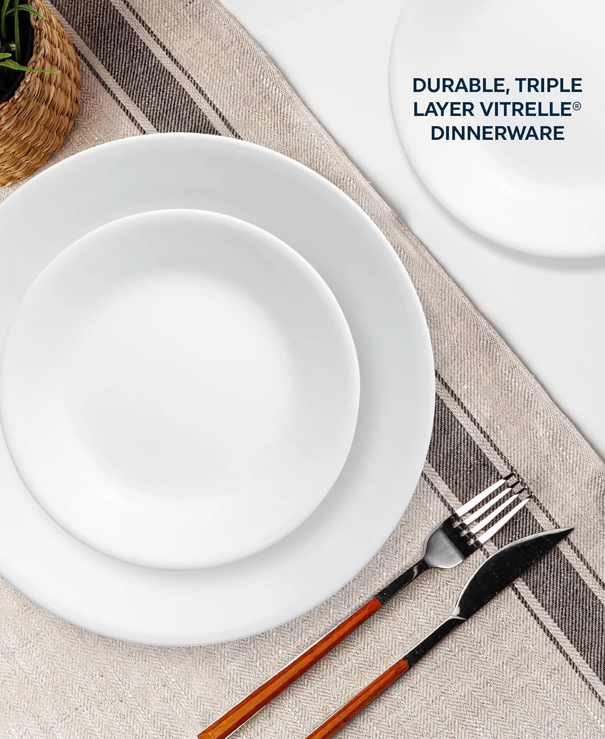 Corelle Vitrelle 18-Piece Service for 6 Dinnerware Set Triple Layer Glass and Chip Resistant, Lightweight Round Plates and Bowls Set, Winter Frost White