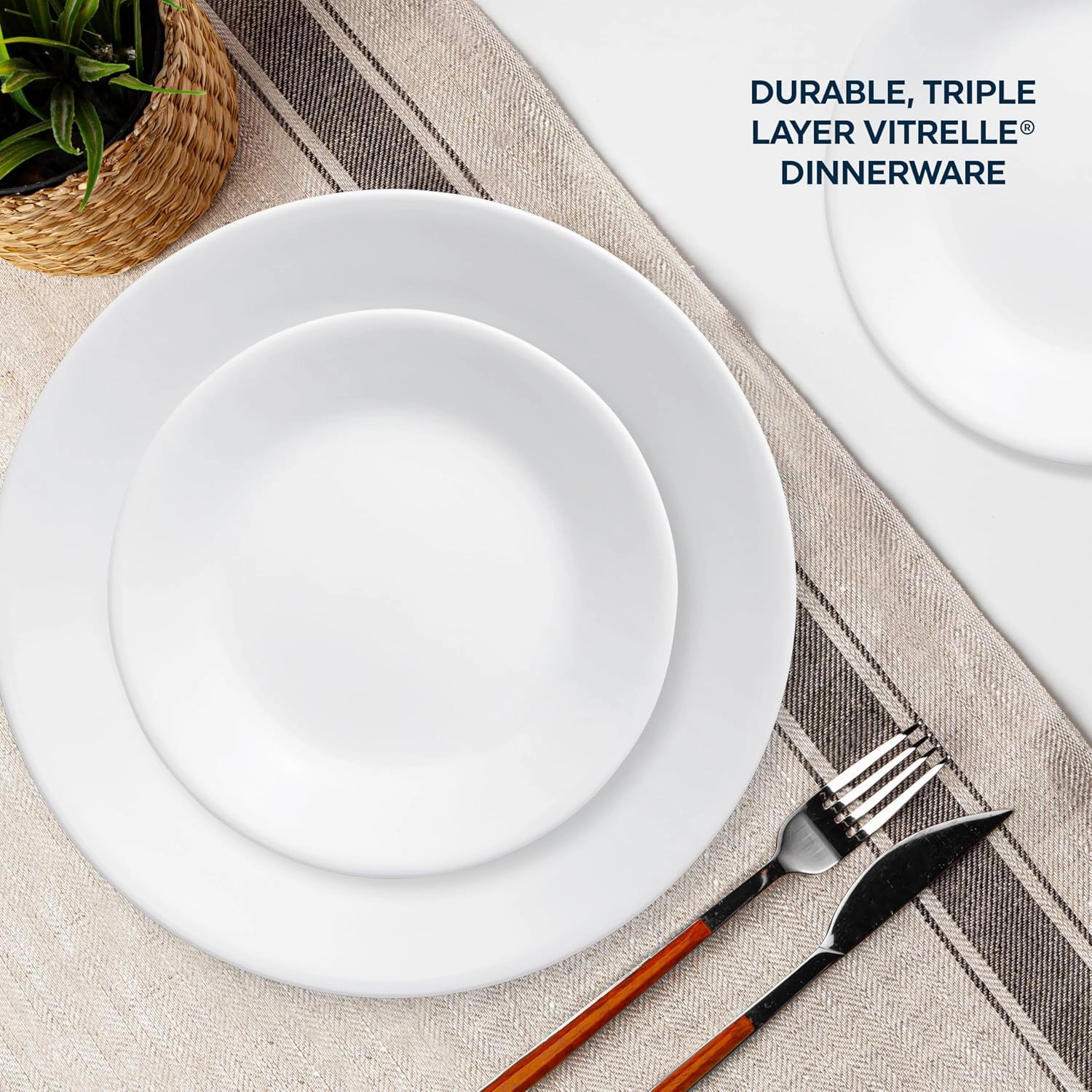 Corelle Vitrelle 18-Piece Service for 6 Dinnerware Set Triple Layer Glass and Chip Resistant, Lightweight Round Plates and Bowls Set, Winter Frost White