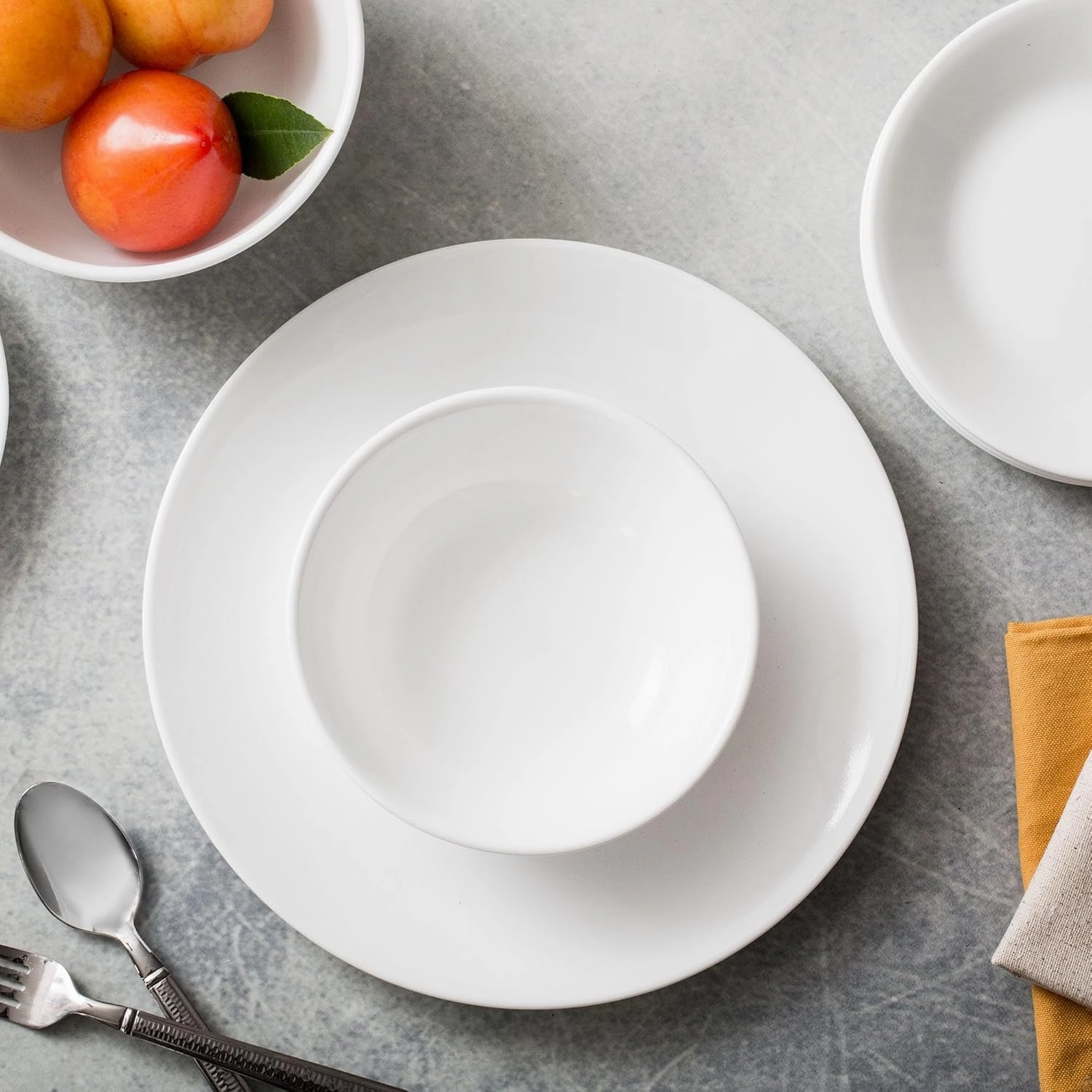 Corelle Vitrelle 18-Piece Service for 6 Dinnerware Set Triple Layer Glass and Chip Resistant, Lightweight Round Plates and Bowls Set, Winter Frost White