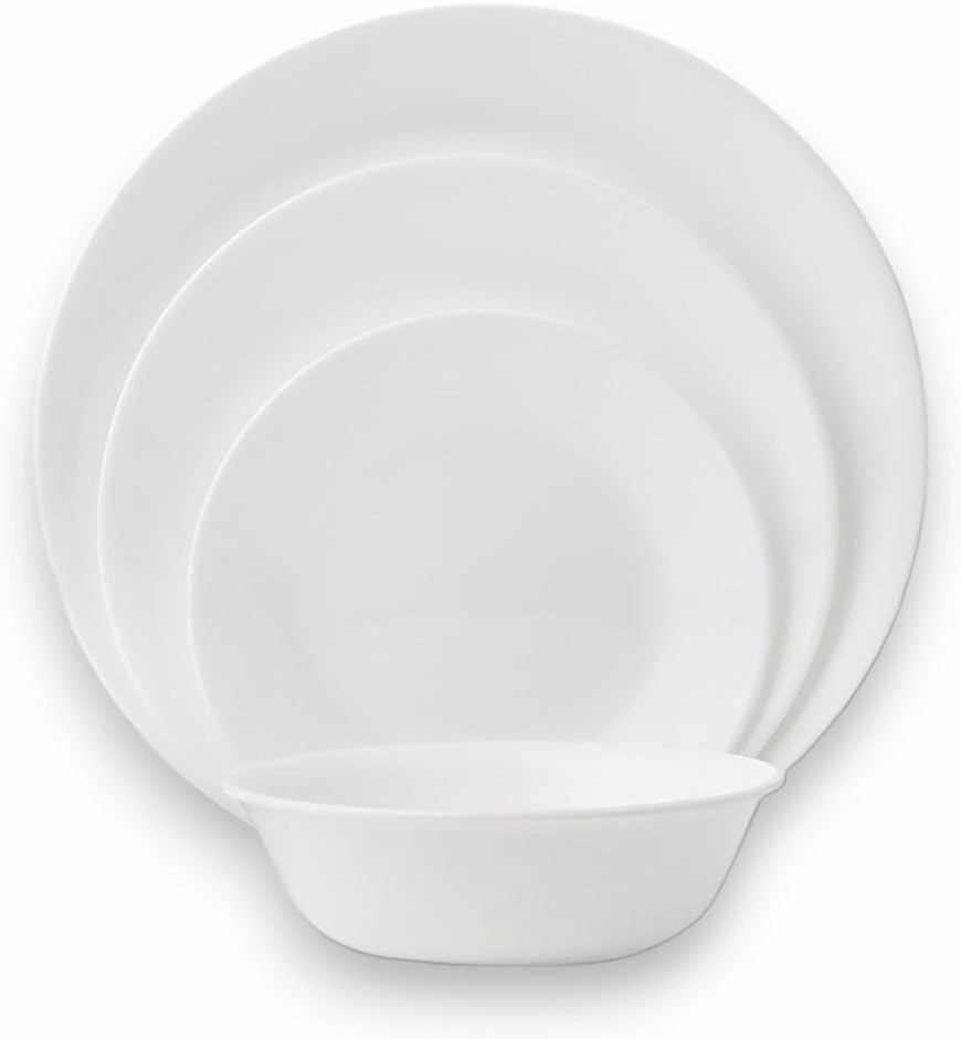 Corelle Vitrelle 18-Piece Service for 6 Dinnerware Set Triple Layer Glass and Chip Resistant, Lightweight Round Plates and Bowls Set, Winter Frost White