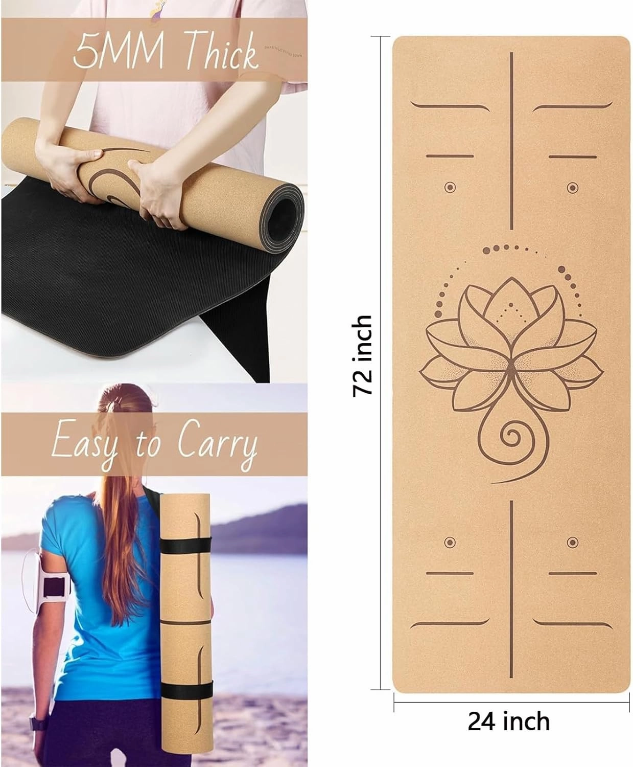 Cork TPE Yoga Mat, Non-Slip, Portable Exercise Mat with Carry Strap, Storage Bag, Tension Belt, for Workouts Home Gym Travel
