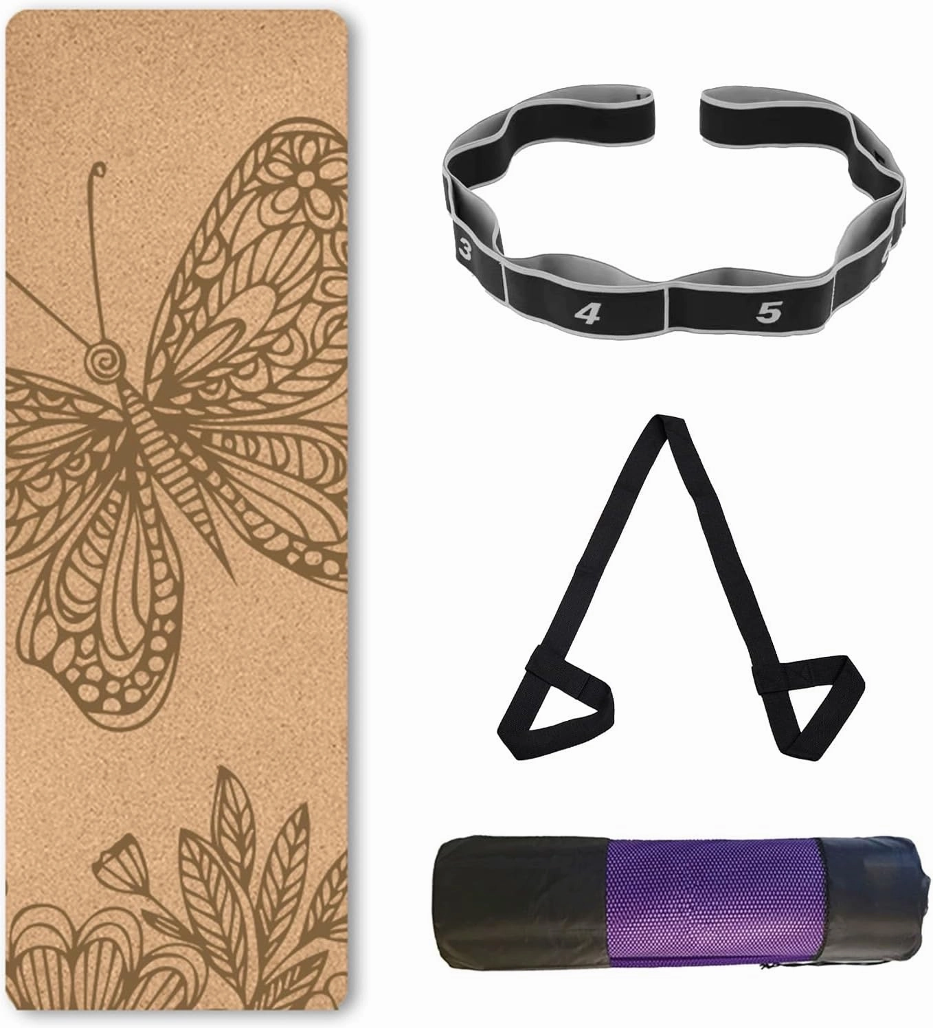 Cork TPE Yoga Mat, Non-Slip, Portable Exercise Mat with Carry Strap, Storage Bag, Tension Belt, for Workouts Home Gym Travel