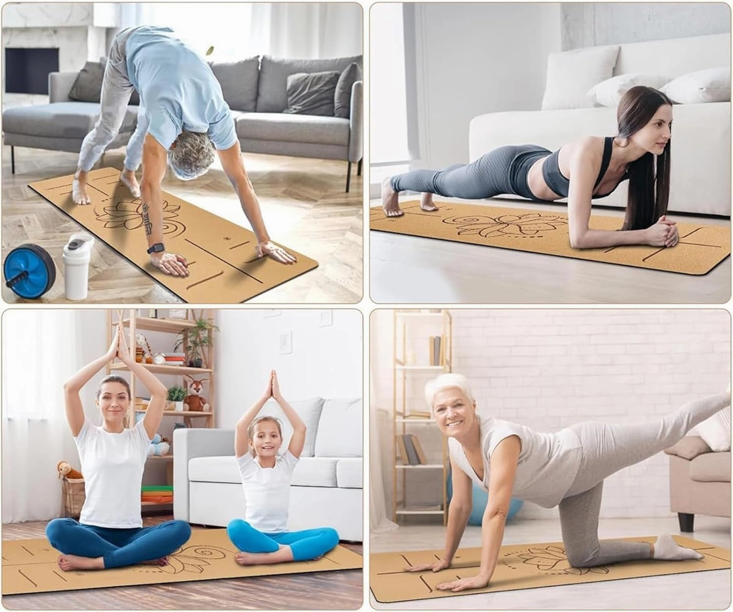 Cork TPE Yoga Mat, Non-Slip, Portable Exercise Mat with Carry Strap, Storage Bag, Tension Belt, for Workouts Home Gym Travel