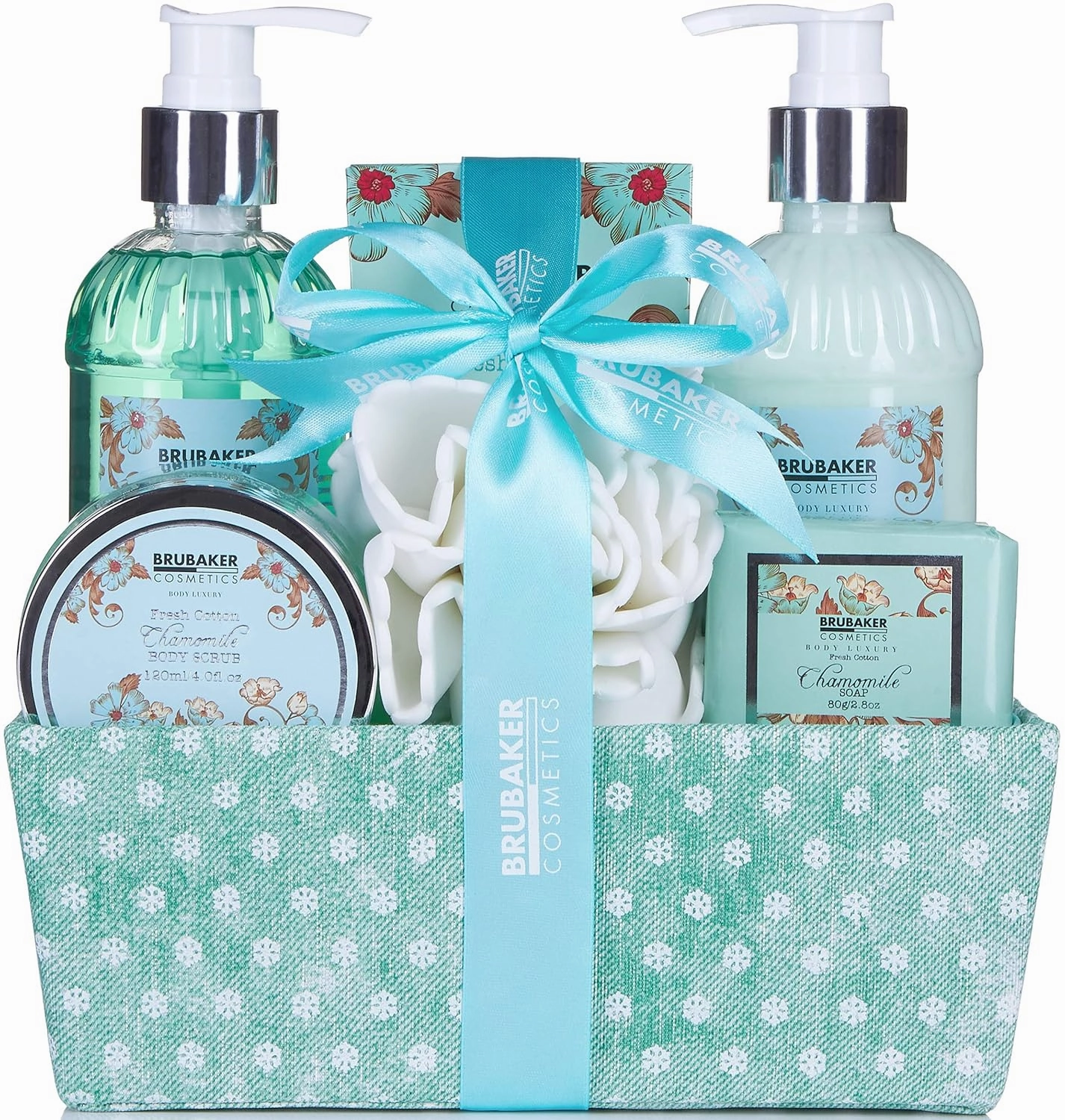 Cosmetics Relaxing at Home Spa Bath Kit - Fresh Chamomile Scent - 7 Pcs Bath & Body Gift Set for Women - Includes Shower Gel, Body Lotion, Body Scrub, Bath Salts, Soap, Loofah & Nice Basket
