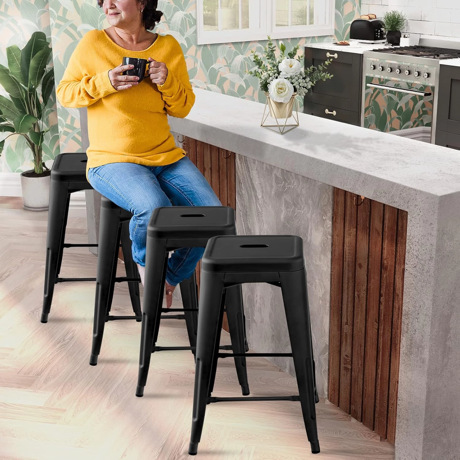 COSTWAY Bar Stools Set of 4, 24” Stackable Metal Stools with Square Seat & Handing Hole, X-Shaped Reinforced Design, Backless Bar Chairs for Kitchen, Dining Room, Pub (Black, 24‘’)