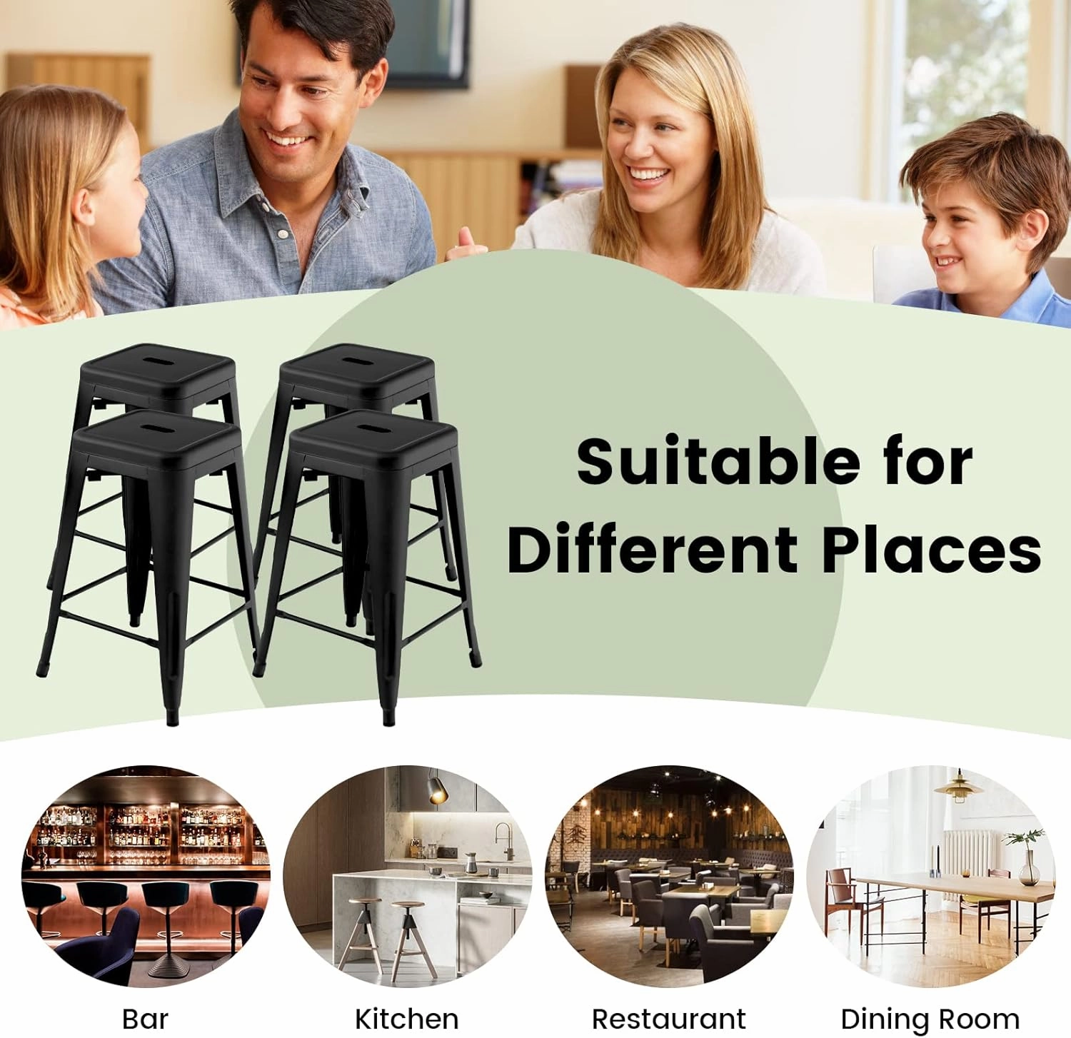 COSTWAY Bar Stools Set of 4, 24” Stackable Metal Stools with Square Seat & Handing Hole, X-Shaped Reinforced Design, Backless Bar Chairs for Kitchen, Dining Room, Pub (Black, 24‘’)