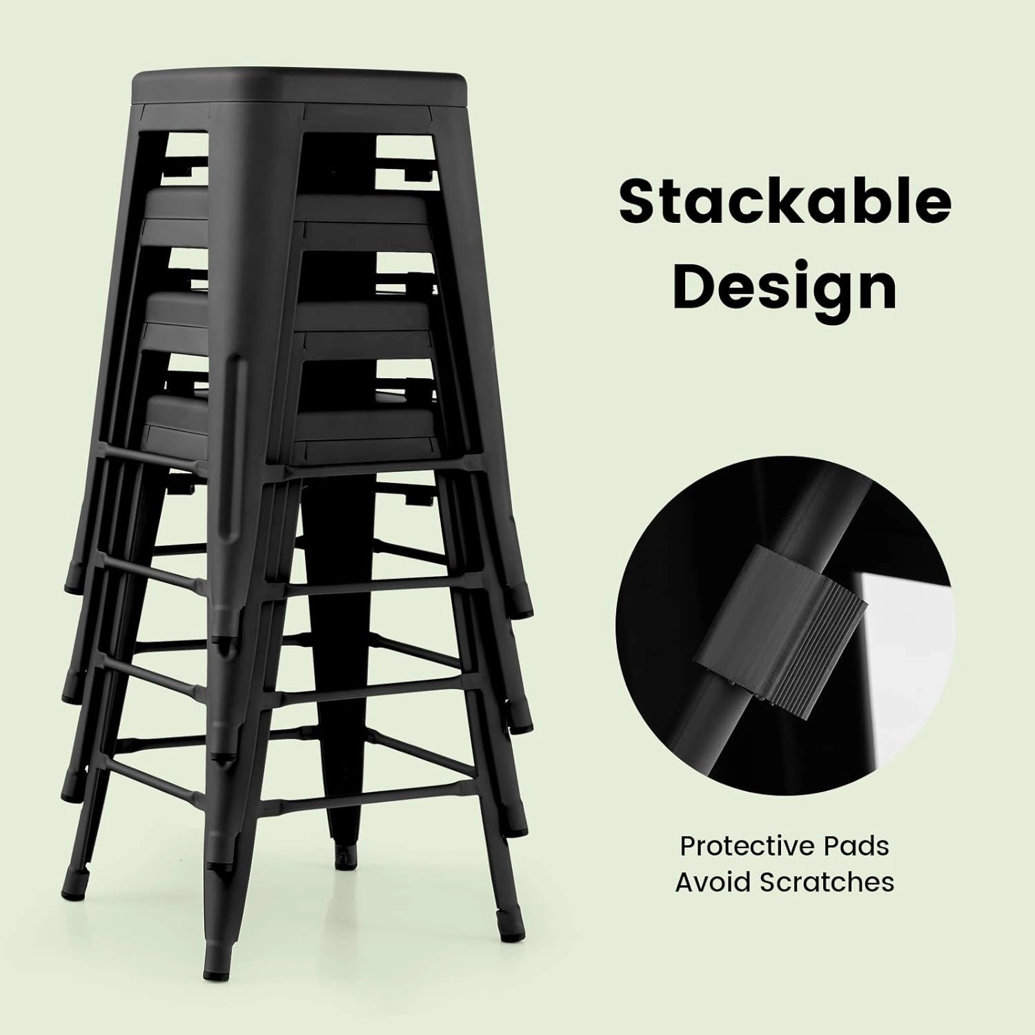 COSTWAY Bar Stools Set of 4, 24” Stackable Metal Stools with Square Seat & Handing Hole, X-Shaped Reinforced Design, Backless Bar Chairs for Kitchen, Dining Room, Pub (Black, 24‘’)