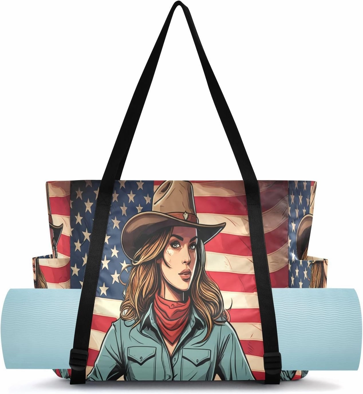 Cowgirl Flag Portrait Blue Yoga Mat Bag Carrier with Wet Dry Storage Pockets Pilates Bag Large Gym Tote Carryall with Water Bottle Holder for Travel Beach Women Men Office