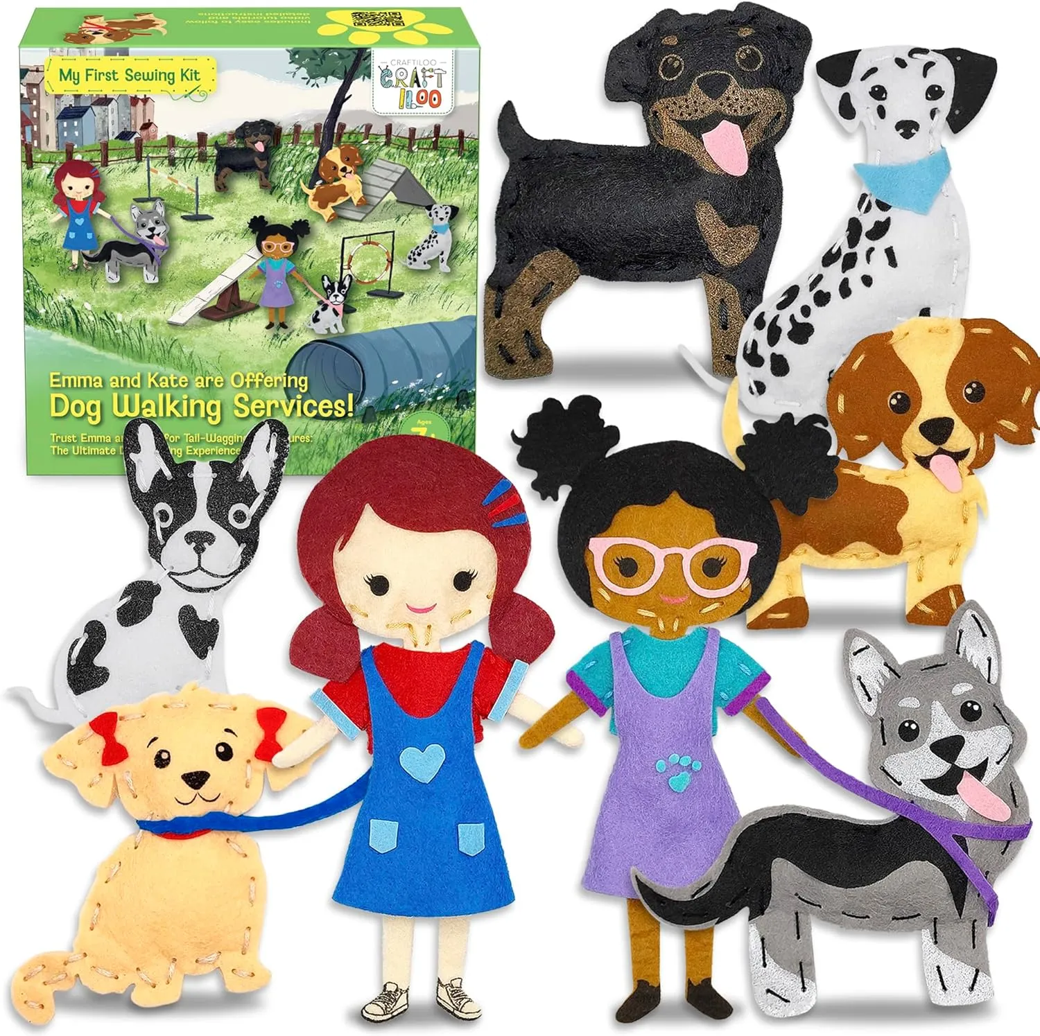 CRAFTILOO 8 Pre-Cut Dogs Stuffed Animal Fun Kids Sewing Kit for Kids Ages 8-12 Children Beginners Sewing kit Kid Puppy Crafts Felt Pillow Plush Craft Kit Girls and Boys