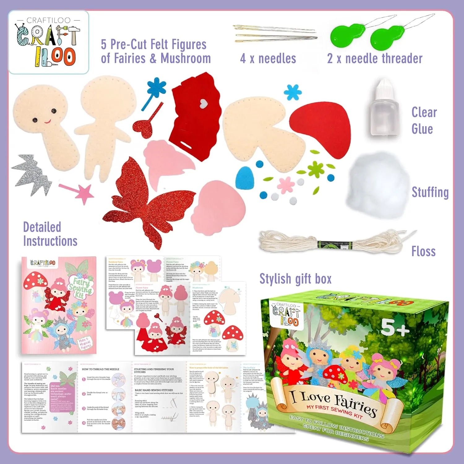 CRAFTILOO Fairy Sewing Kits for Little Girls 5 Easy Projects for Childrens Kid Crafts Make Your Own Felt Pillow Plush Craft Kit My First Sewing Kit Learn to Sew