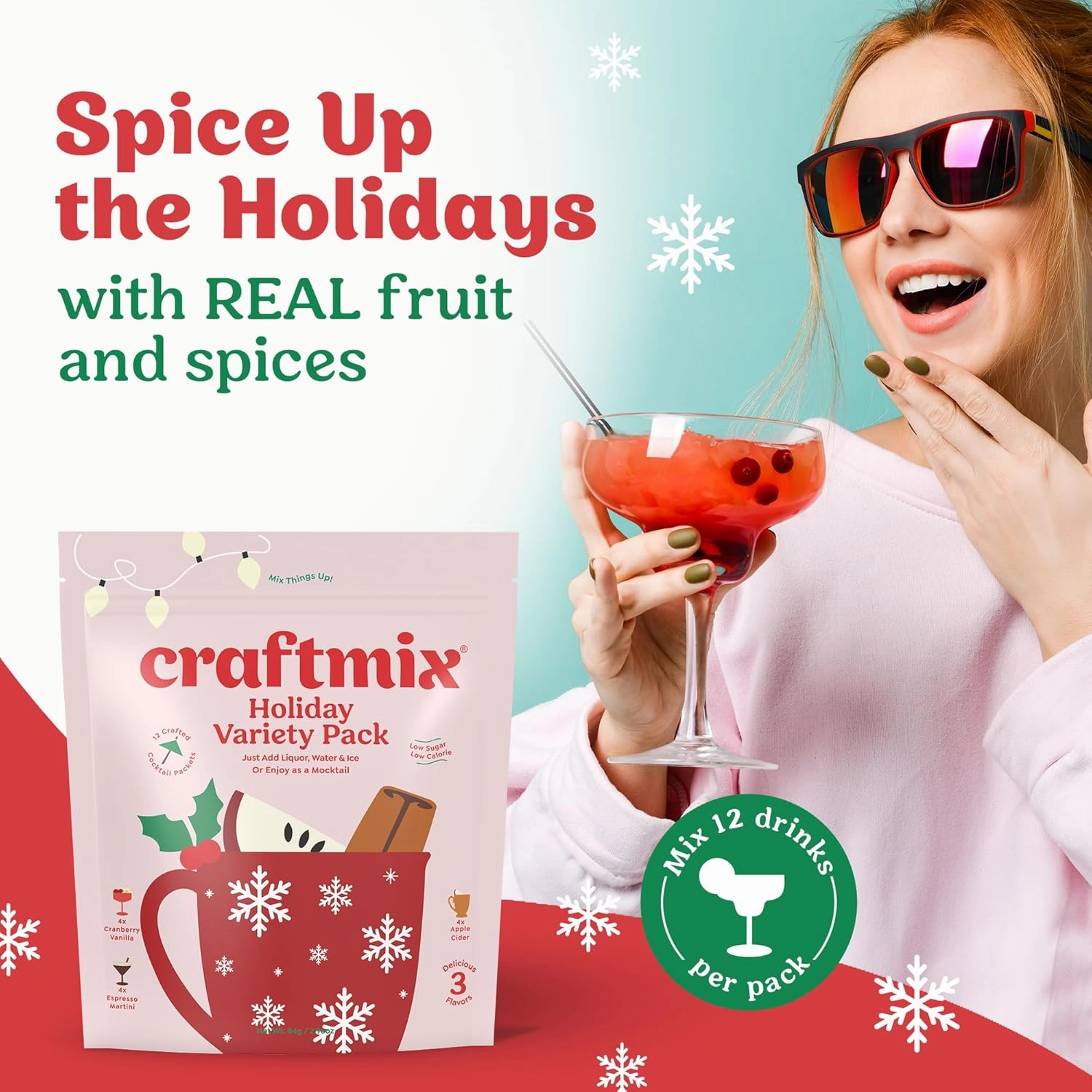 Craftmix Holiday Variety Pack, Makes 12 Drinks, Skinny Cocktail Mixers, Mocktails Non-Alcoholic Drinks - Made With Real Fruit - Vegan Low-Carb, Low-Sugar, Non-GMO, Dairy Free, Gluten Free, Easy to Mix