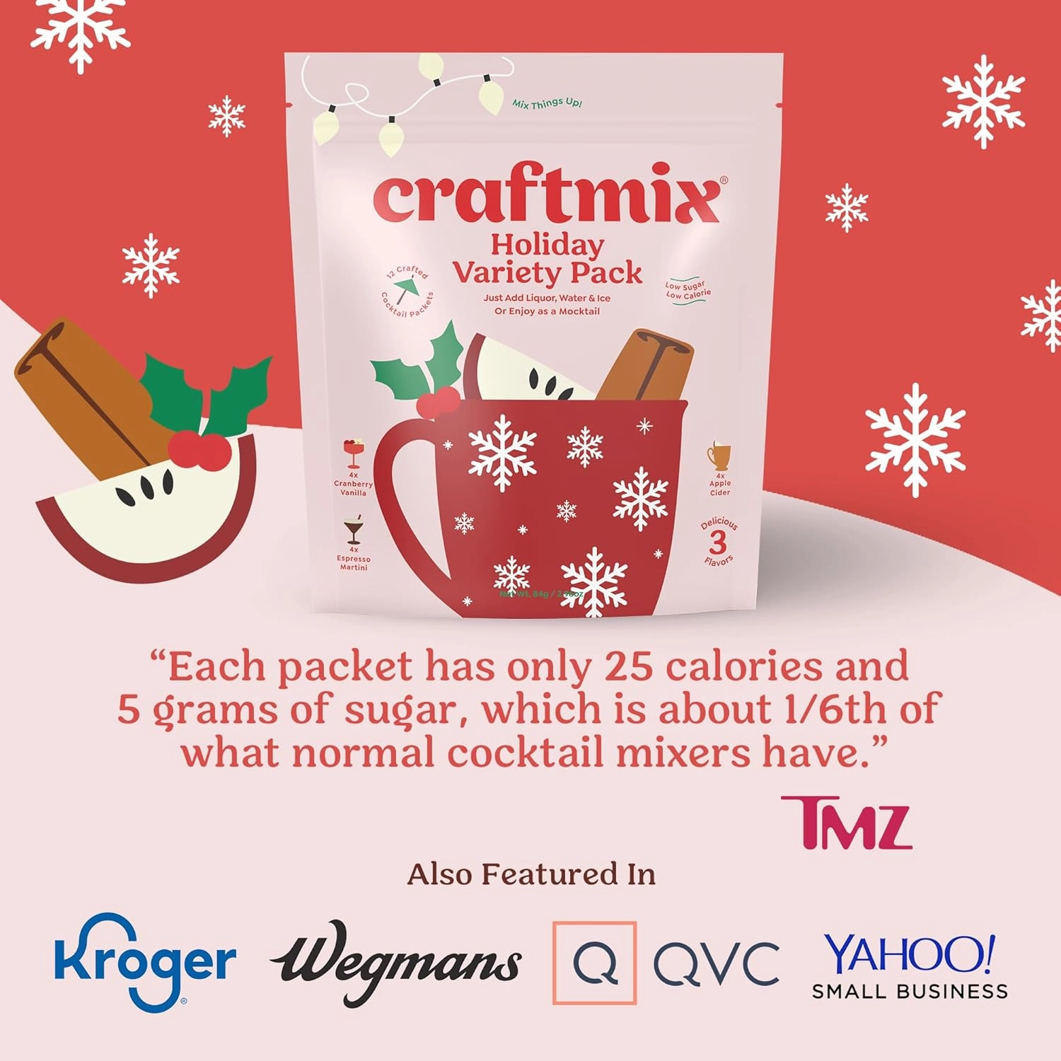 Craftmix Holiday Variety Pack, Makes 12 Drinks, Skinny Cocktail Mixers, Mocktails Non-Alcoholic Drinks - Made With Real Fruit - Vegan Low-Carb, Low-Sugar, Non-GMO, Dairy Free, Gluten Free, Easy to Mix
