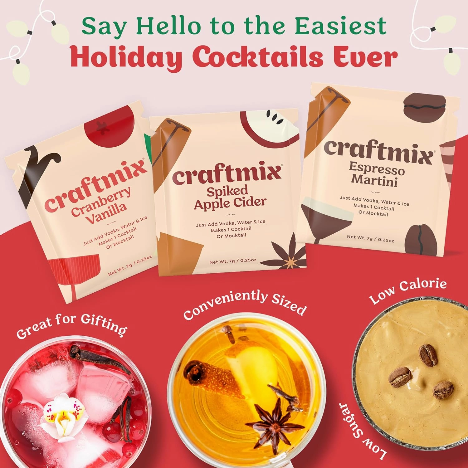 Craftmix Holiday Variety Pack, Makes 12 Drinks, Skinny Cocktail Mixers, Mocktails Non-Alcoholic Drinks - Made With Real Fruit - Vegan Low-Carb, Low-Sugar, Non-GMO, Dairy Free, Gluten Free, Easy to Mix