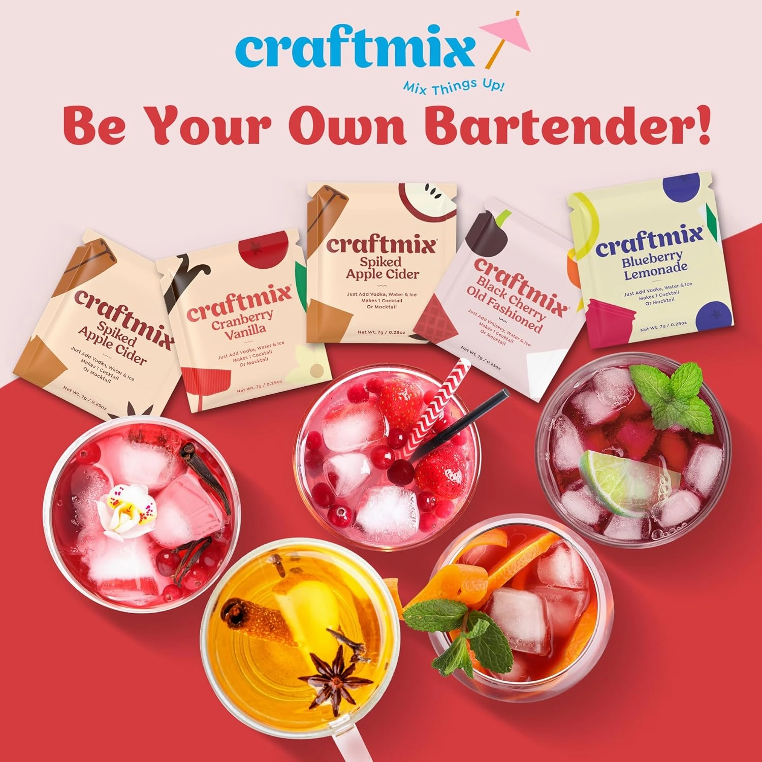 Craftmix Holiday Variety Pack, Makes 12 Drinks, Skinny Cocktail Mixers, Mocktails Non-Alcoholic Drinks - Made With Real Fruit - Vegan Low-Carb, Low-Sugar, Non-GMO, Dairy Free, Gluten Free, Easy to Mix