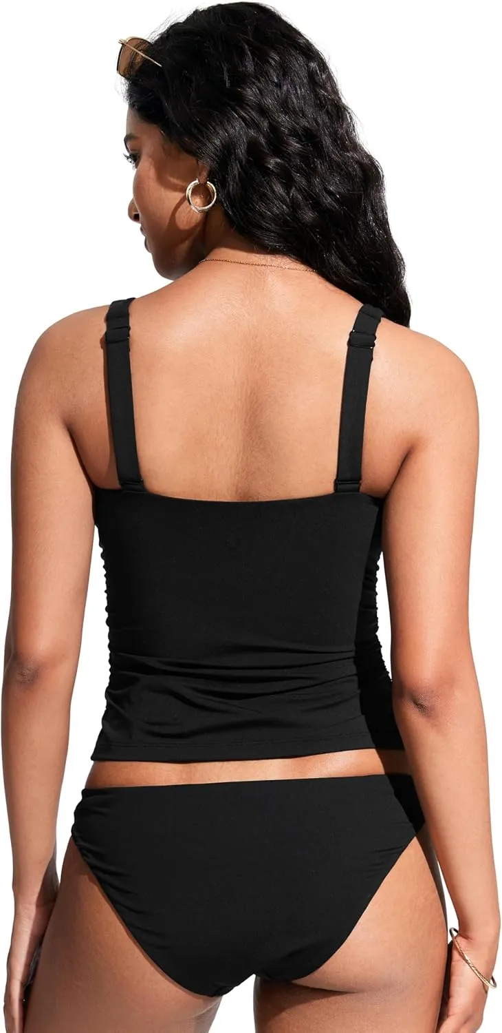 CRZ YOGA Tankini Tops for Women Square Neck Swimsuit Ruched Tummy Control Bathing Suits Adjustable Swim Tank Only No Bottom