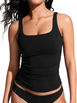 CRZ YOGA Tankini Tops for Women Square Neck Swimsuit Ruched Tummy Control Bathing Suits Adjustable Swim Tank Only No Bottom