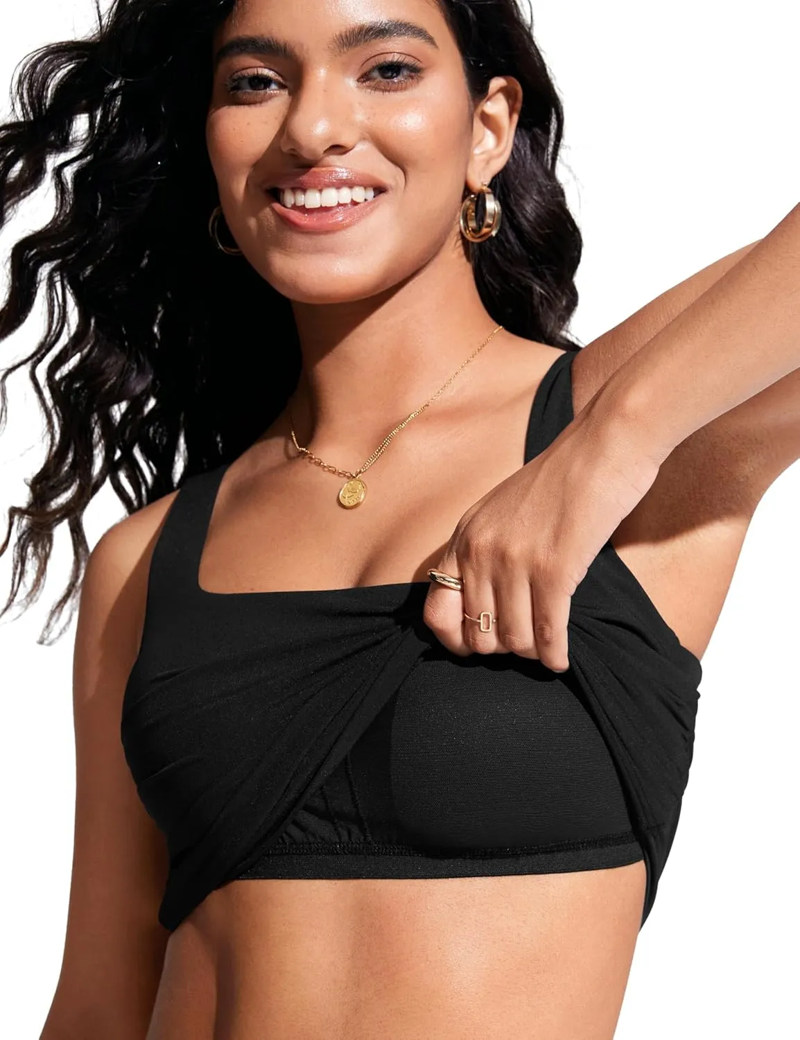 CRZ YOGA Tankini Tops for Women Square Neck Swimsuit Ruched Tummy Control Bathing Suits Adjustable Swim Tank Only No Bottom