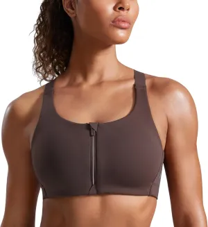 CRZ YOGA Womens Zip Front High Impact Sports Bra - Molded Cup Adjustable Convertible Straps Wireless Workout Yoga Crop Top