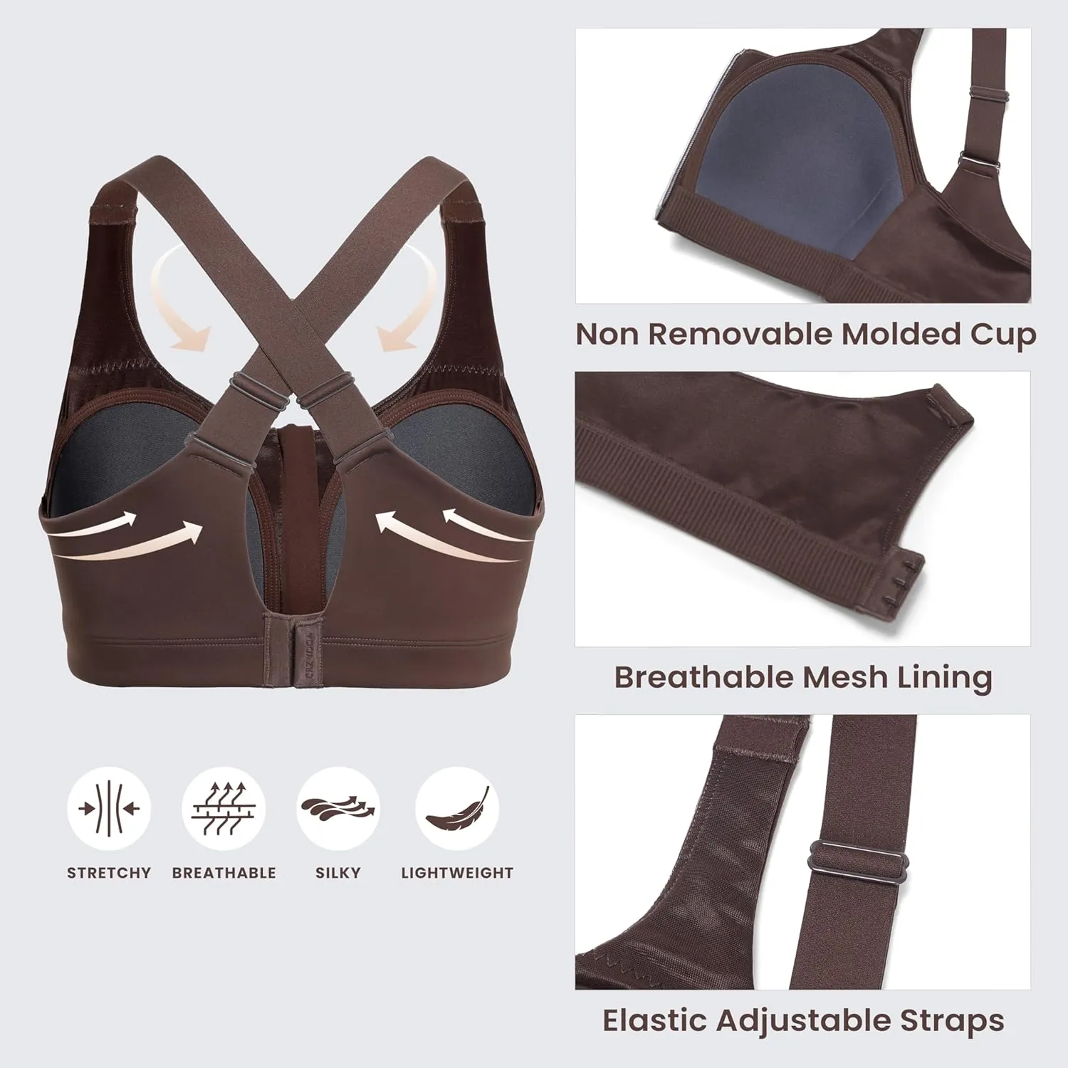 CRZ YOGA Womens Zip Front High Impact Sports Bra - Molded Cup Adjustable Convertible Straps Wireless Workout Yoga Crop Top