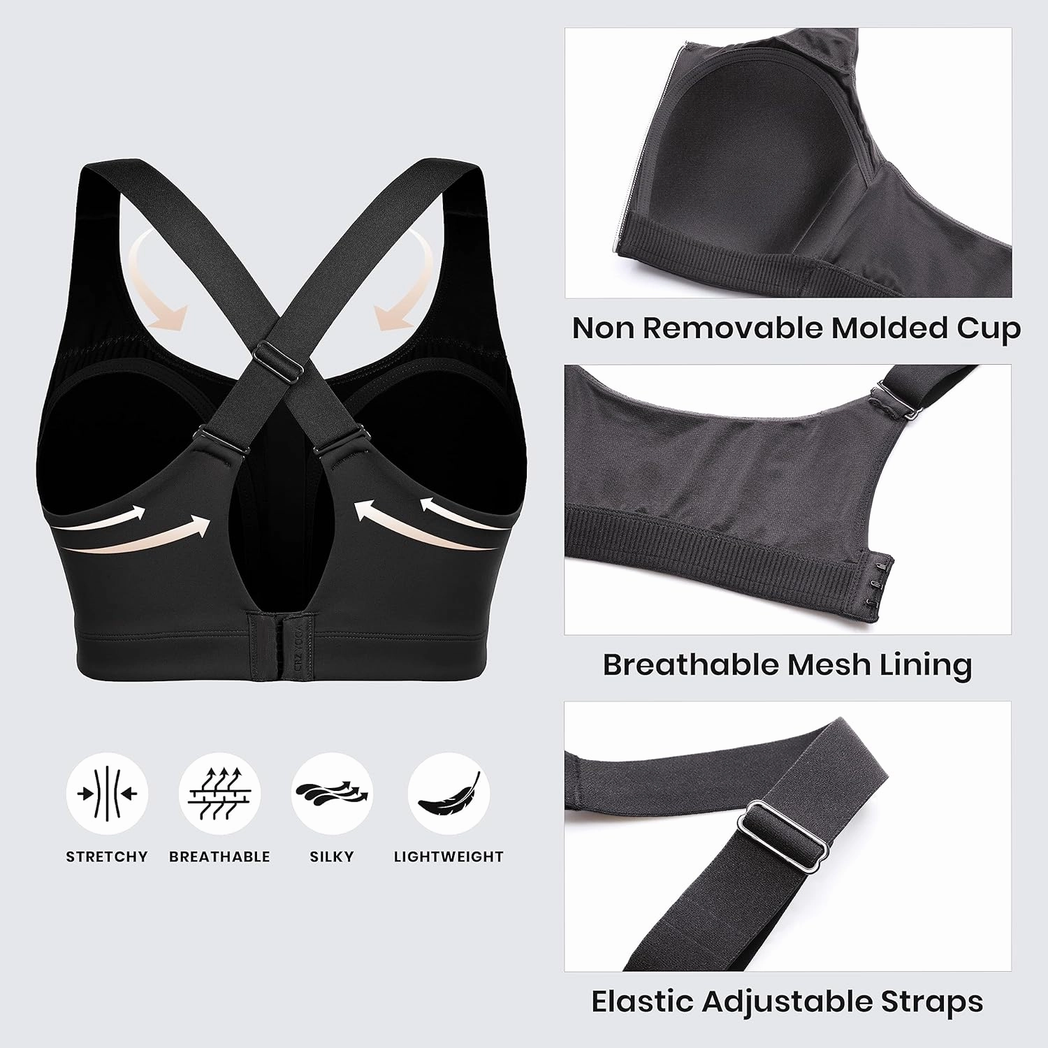 CRZ YOGA Womens Zip Front High Impact Sports Bra - Molded Cup Adjustable Convertible Straps Wireless Workout Yoga Crop Top