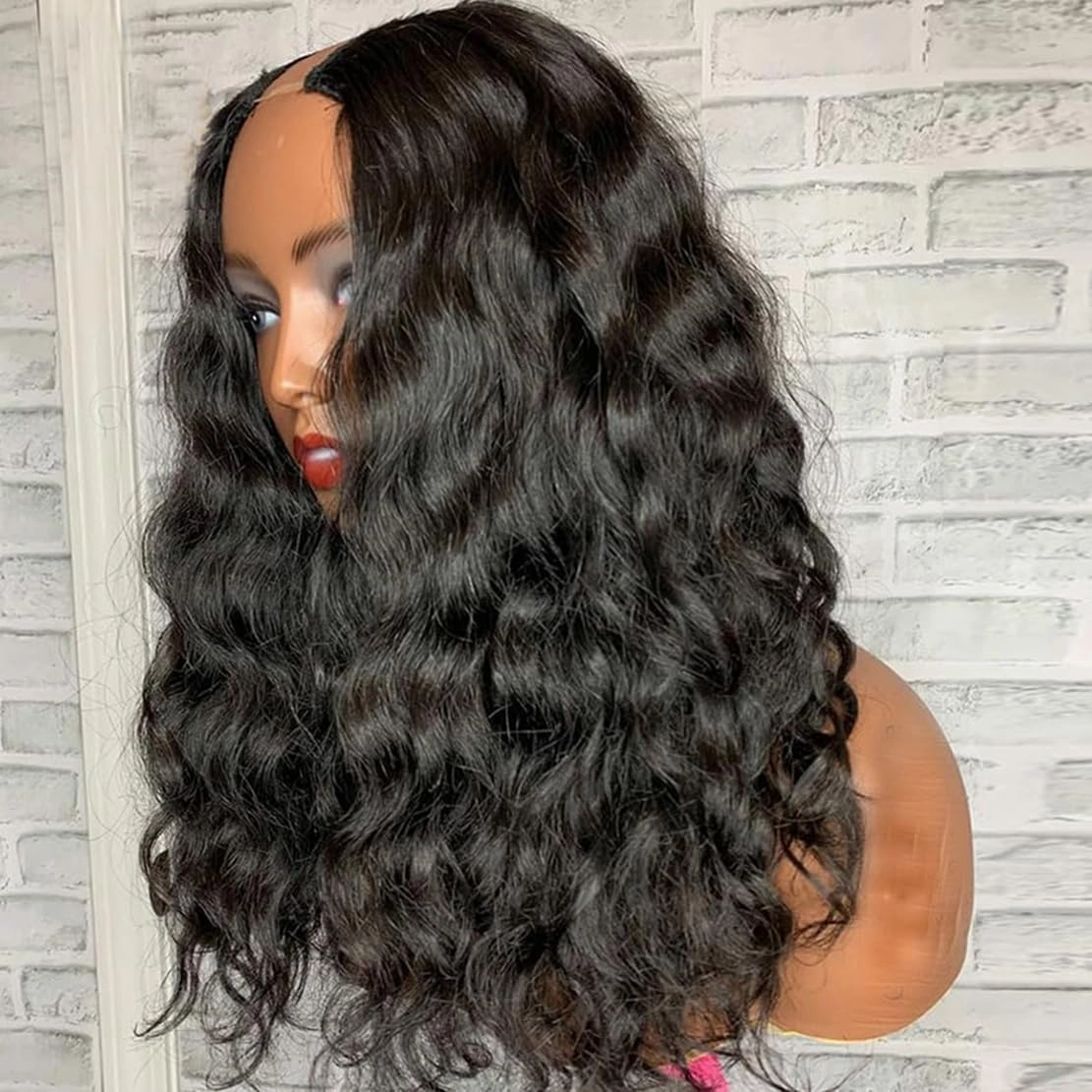 Curly V Part Wigs For Black Women Water Wave Blend Human Hair Synthetic U Part Wig Glueless Full Head Clip In Half Wig V Shape Wigs No Leave Out No Sew In 200% Density (#2, 18 Inch)