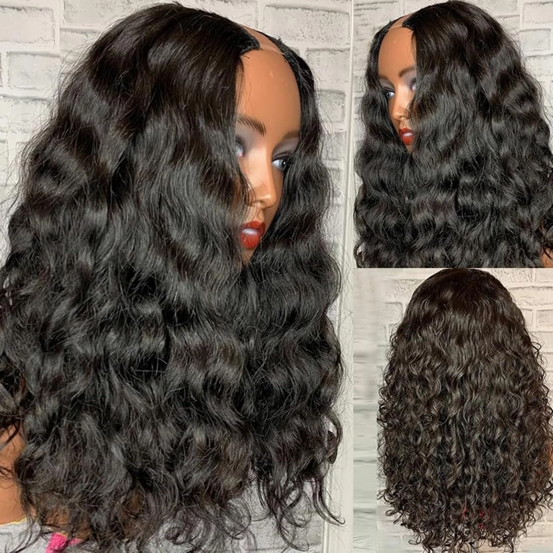 Curly V Part Wigs For Black Women Water Wave Blend Human Hair Synthetic U Part Wig Glueless Full Head Clip In Half Wig V Shape Wigs No Leave Out No Sew In 200% Density (#2, 18 Inch)