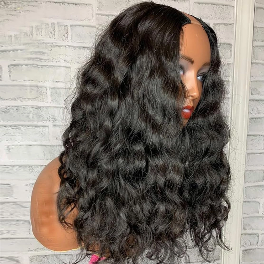 Curly V Part Wigs For Black Women Water Wave Blend Human Hair Synthetic U Part Wig Glueless Full Head Clip In Half Wig V Shape Wigs No Leave Out No Sew In 200% Density (#2, 18 Inch)