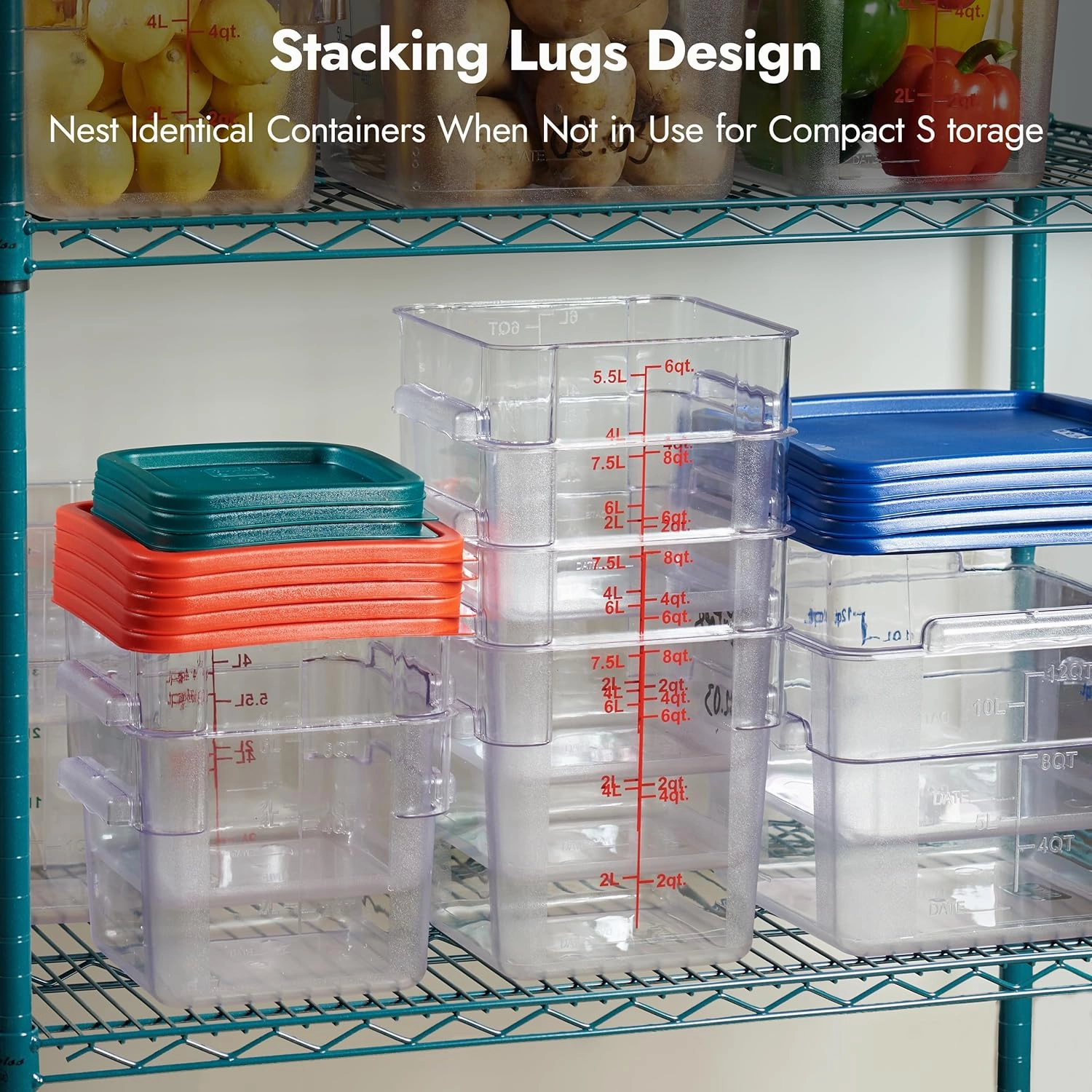 CURTA 4 Pack Food Storage Container with Green Lid - NSF Commercial Grade in 4.0 Qt - Square, Clear, Polycarbonate